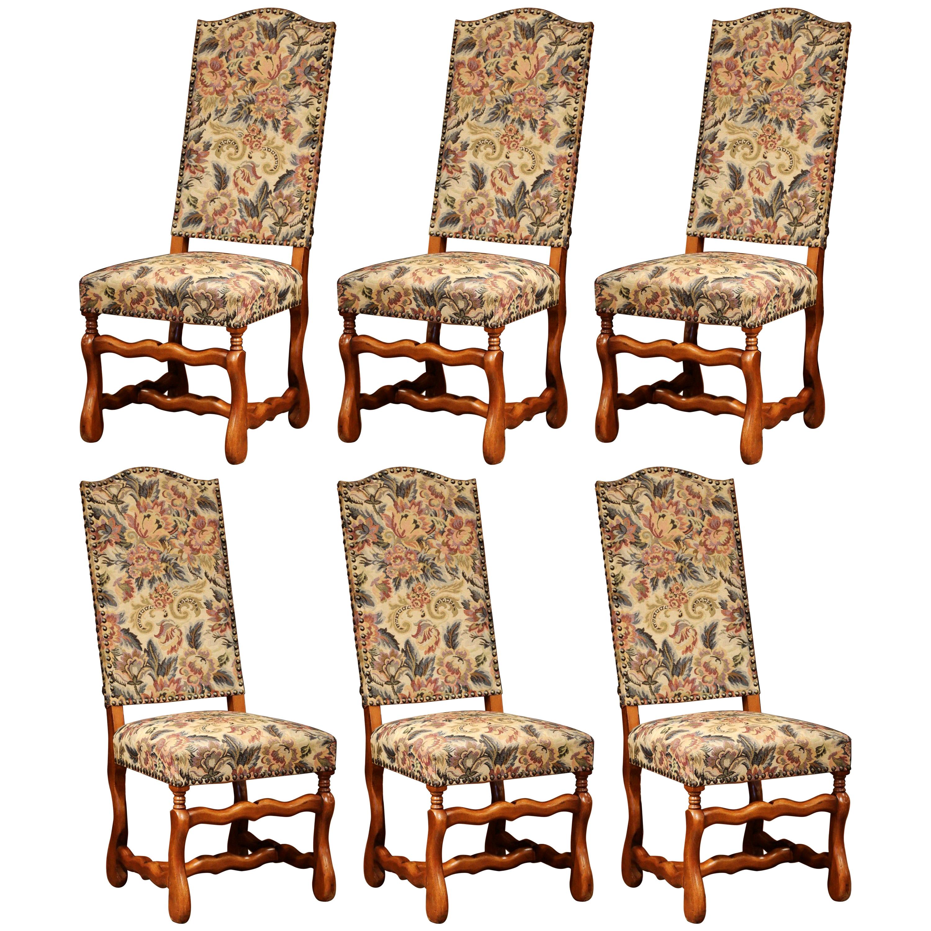 Mid-20th Century Set of Six French Louis XIII Carved Sheep Bone Dining Chairs
