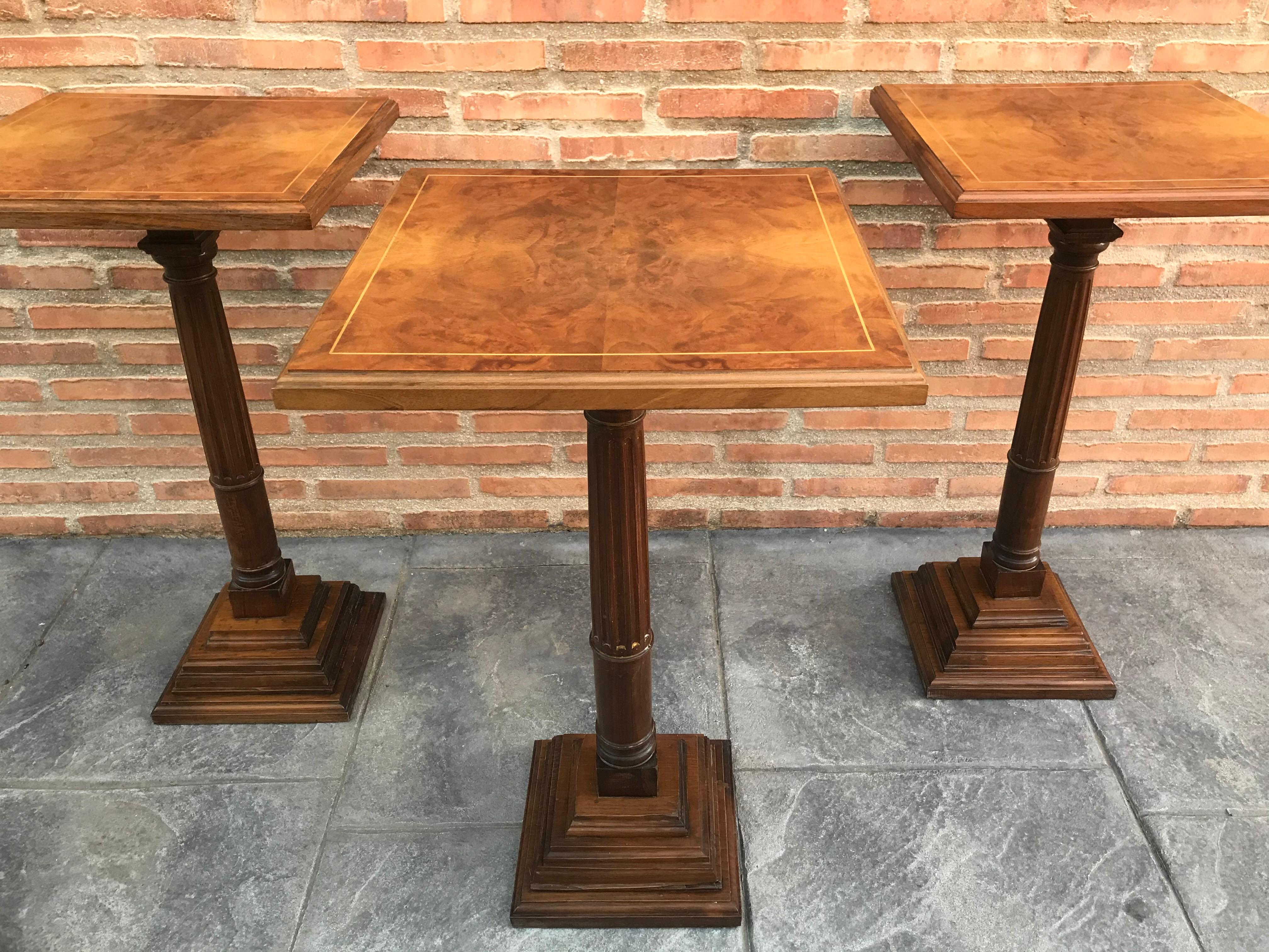 French Mid-20th Century Set of Three Walnut Wood Square Top Pedestal Tables For Sale