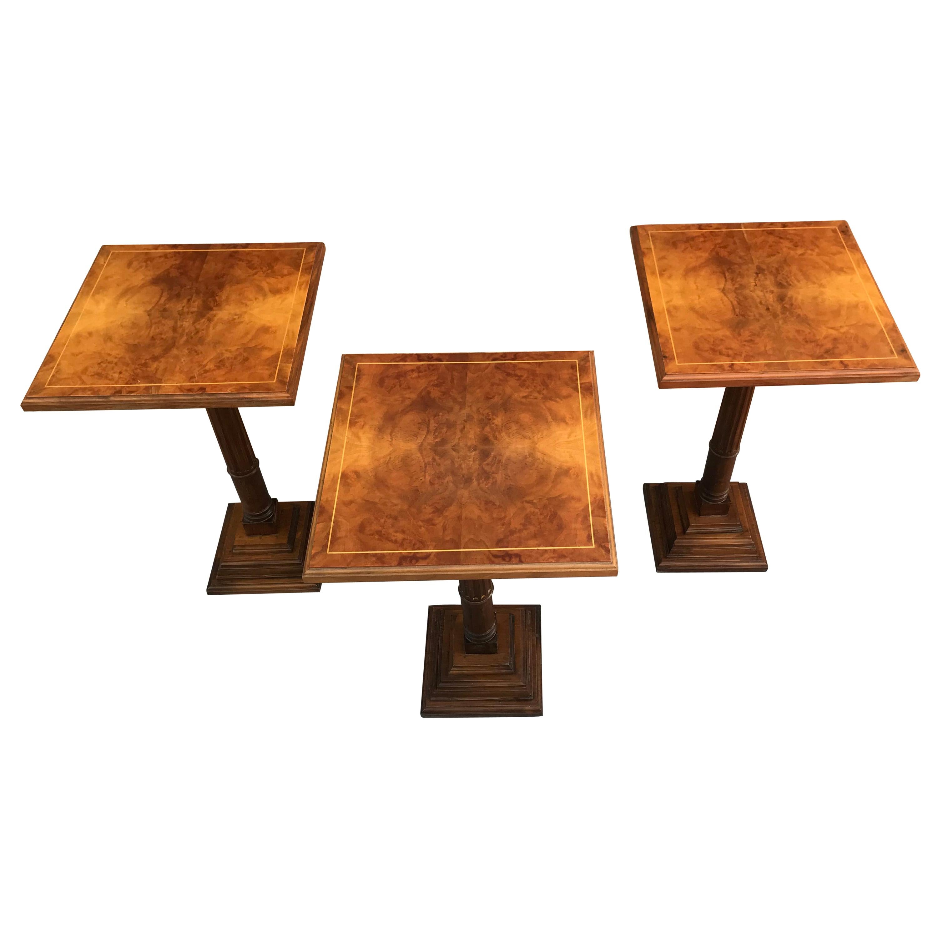 Mid-20th Century Set of Three Walnut Wood Square Top Pedestal Tables For Sale