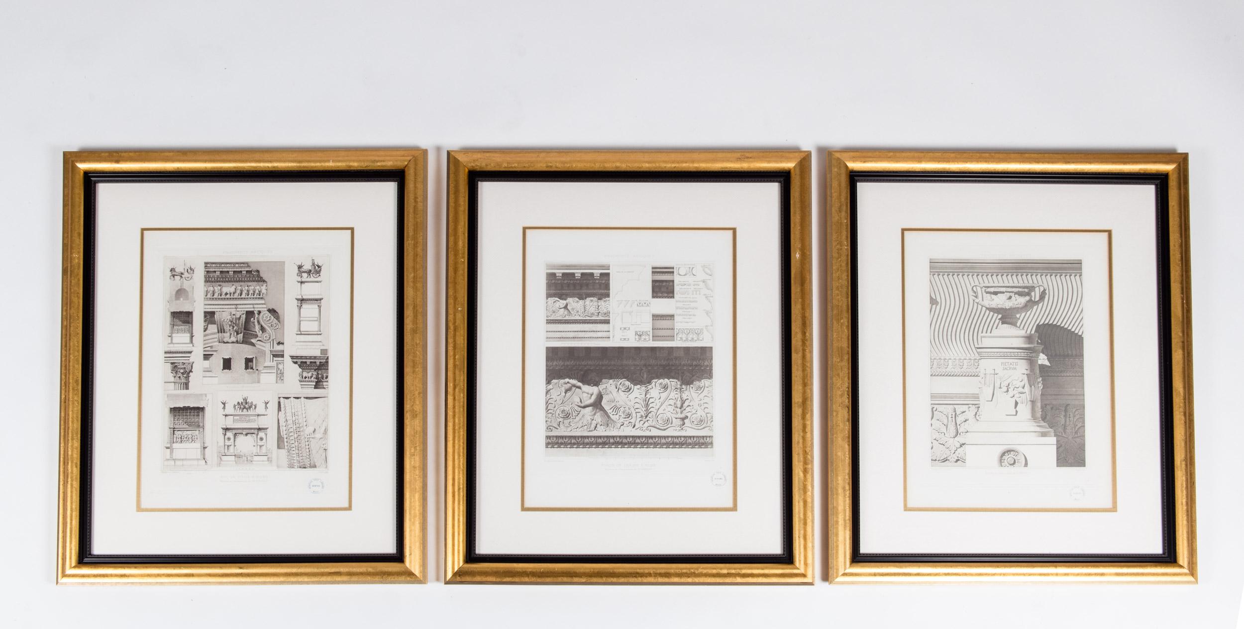 Mid-20th century set of three lithograph with giltwood frame. Each lithograph is in excellent condition, minor wear consistent with use or age. Each one measure about 25.5 inches tall X 21 inches wide.