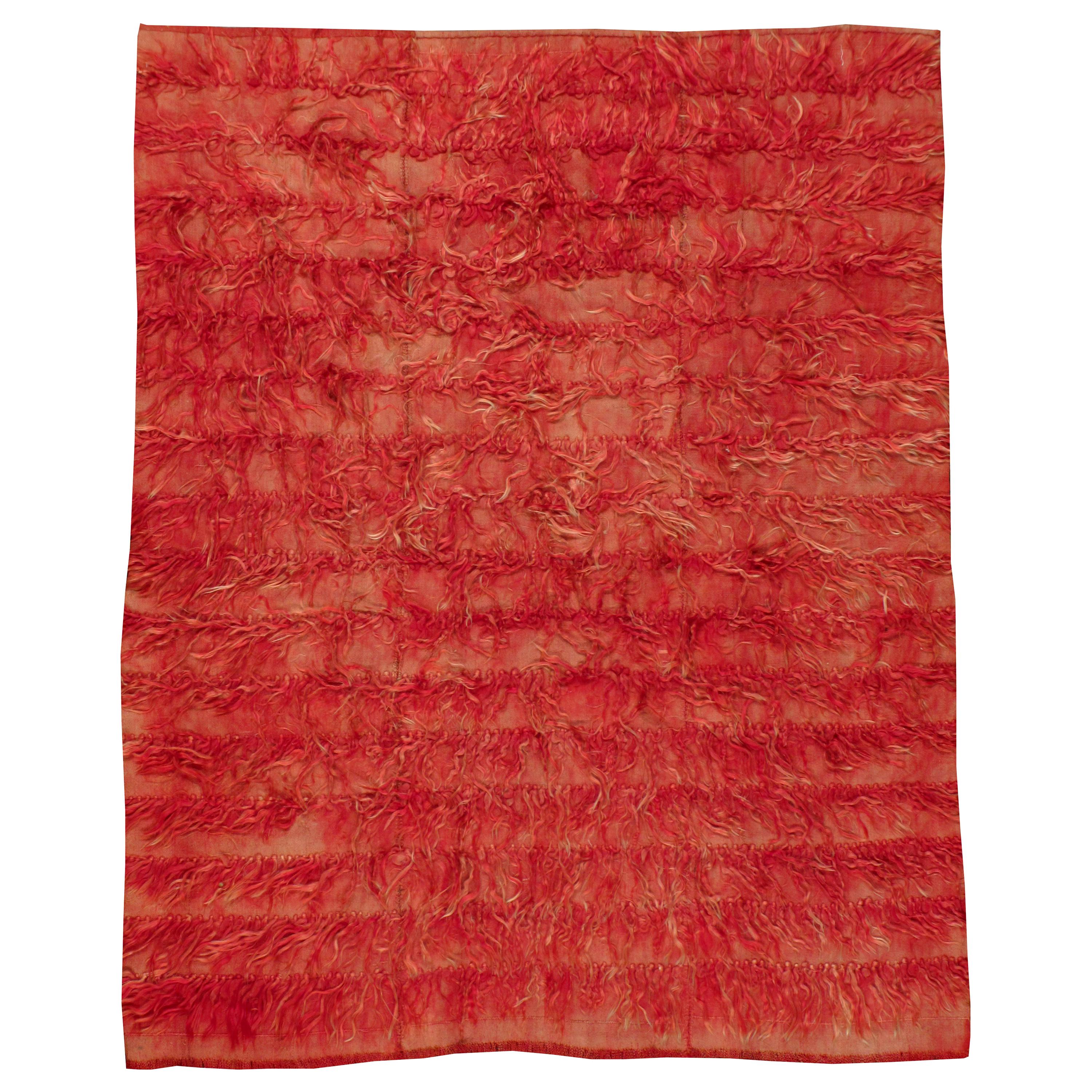 Mid-20th Century Shaggy Turkish Rug With A Red Tribal Design