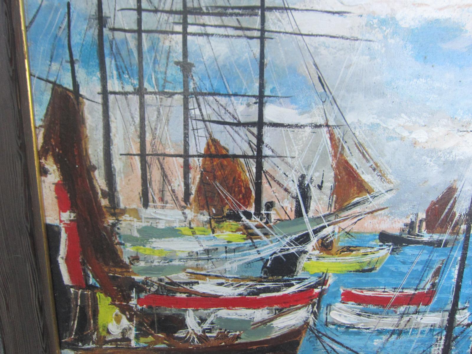 Mid-20th Century Ships Painting by Flont In Good Condition In Atlanta, GA