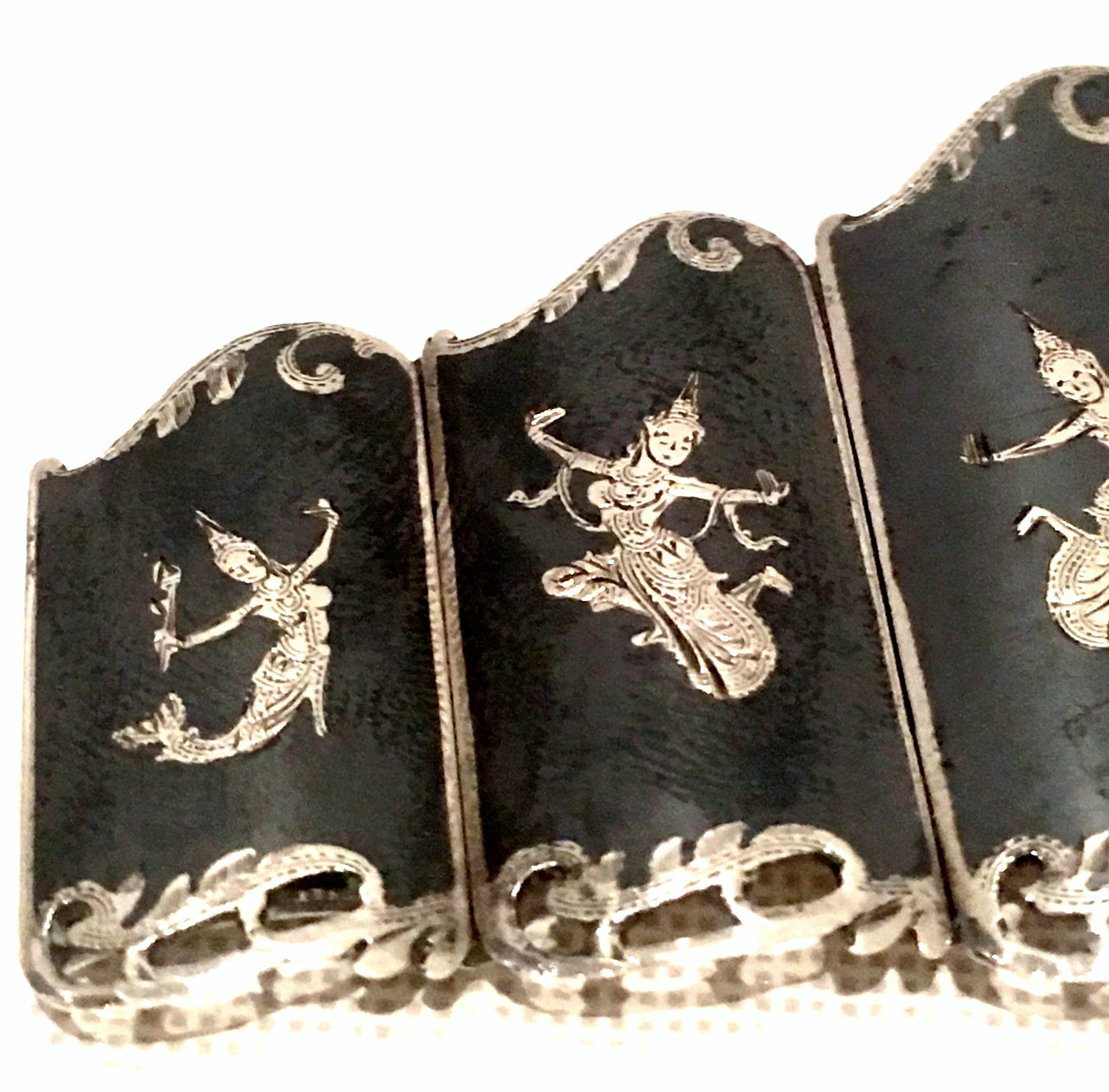 Mid-20th Century Siam Sterling Silver & Niello Enamel Panel Link Bracelet-Signed 6