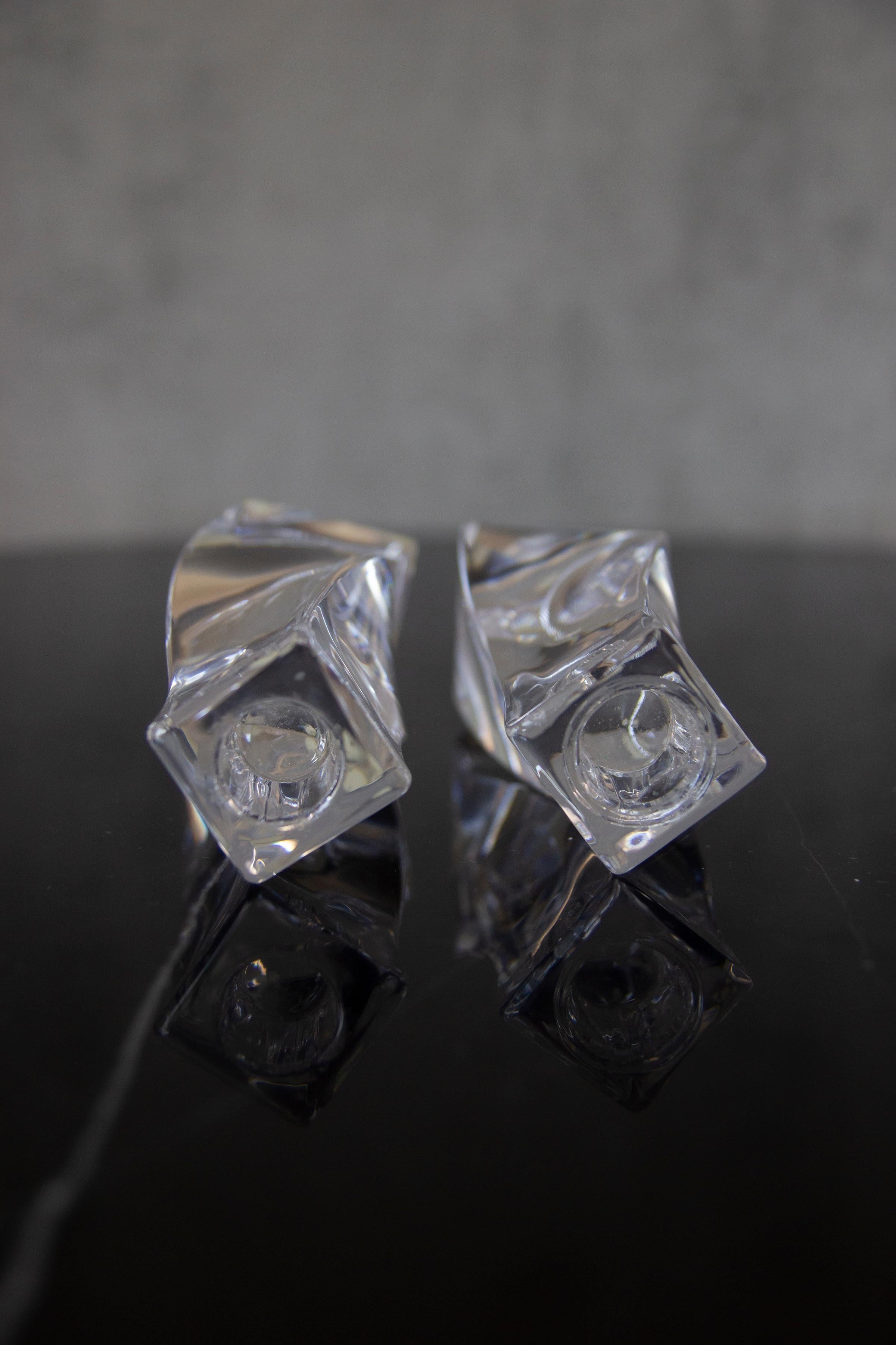 Swedish Mid-20th Century Signed Orrefors Twisted Crystal Candles Holders, a Pair For Sale