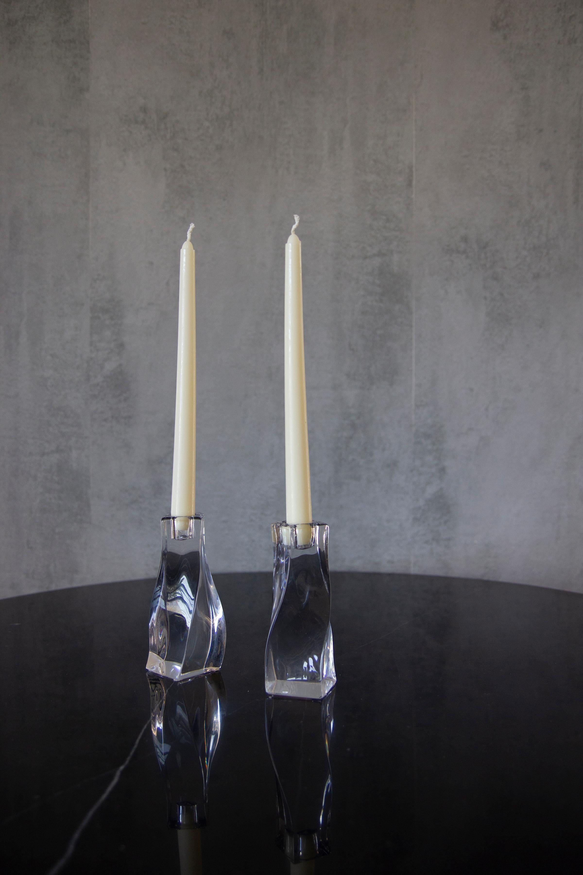 Mid-20th Century Signed Orrefors Twisted Crystal Candles Holders, a Pair In Excellent Condition For Sale In Los Angeles, CA