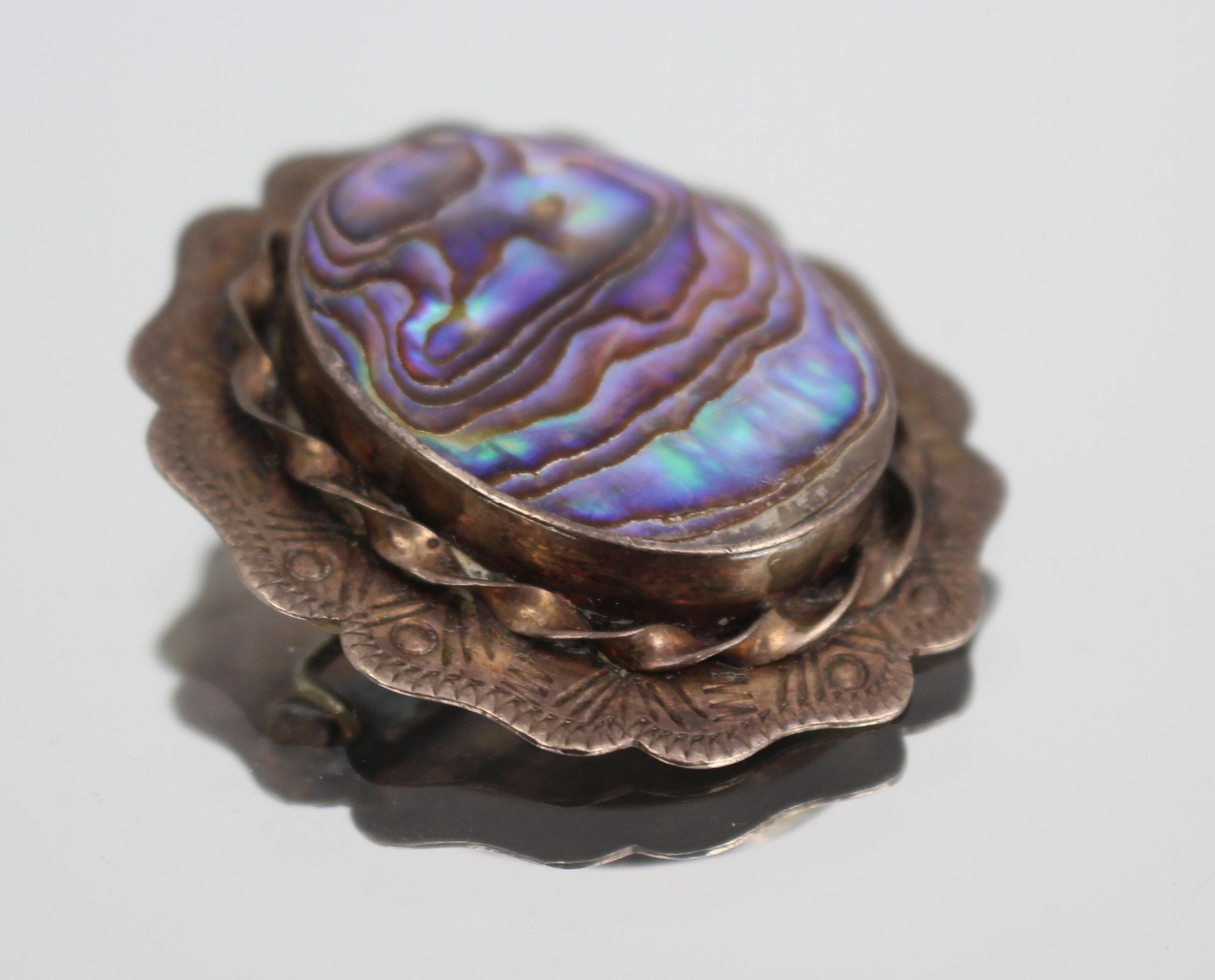 Sterling Silver Mid 20th Century Silver and Abalone Brooch For Sale