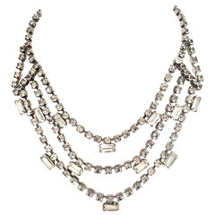 Retro Mid-20th Century Silver & Austrian Crystal Triple Strand Choker Style Necklace