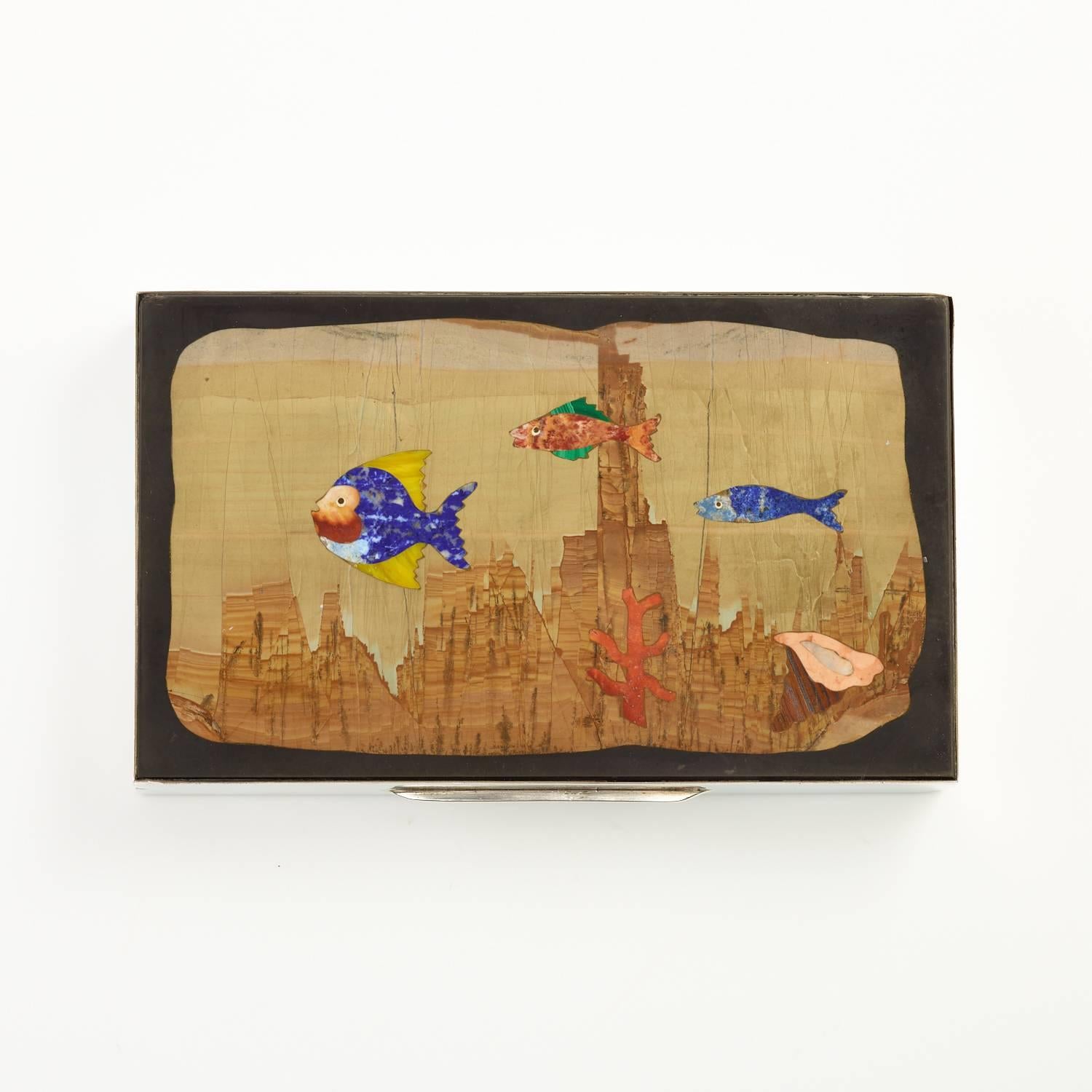 Late 20th Century Mid-20th C Sterling Silver Box with Aquatic Mosaic Scene on the Lid, circa 1960