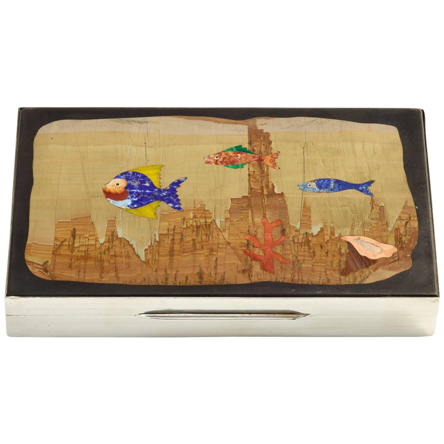 Mid-20th C Sterling Silver Box with Aquatic Mosaic Scene on the Lid, circa 1960