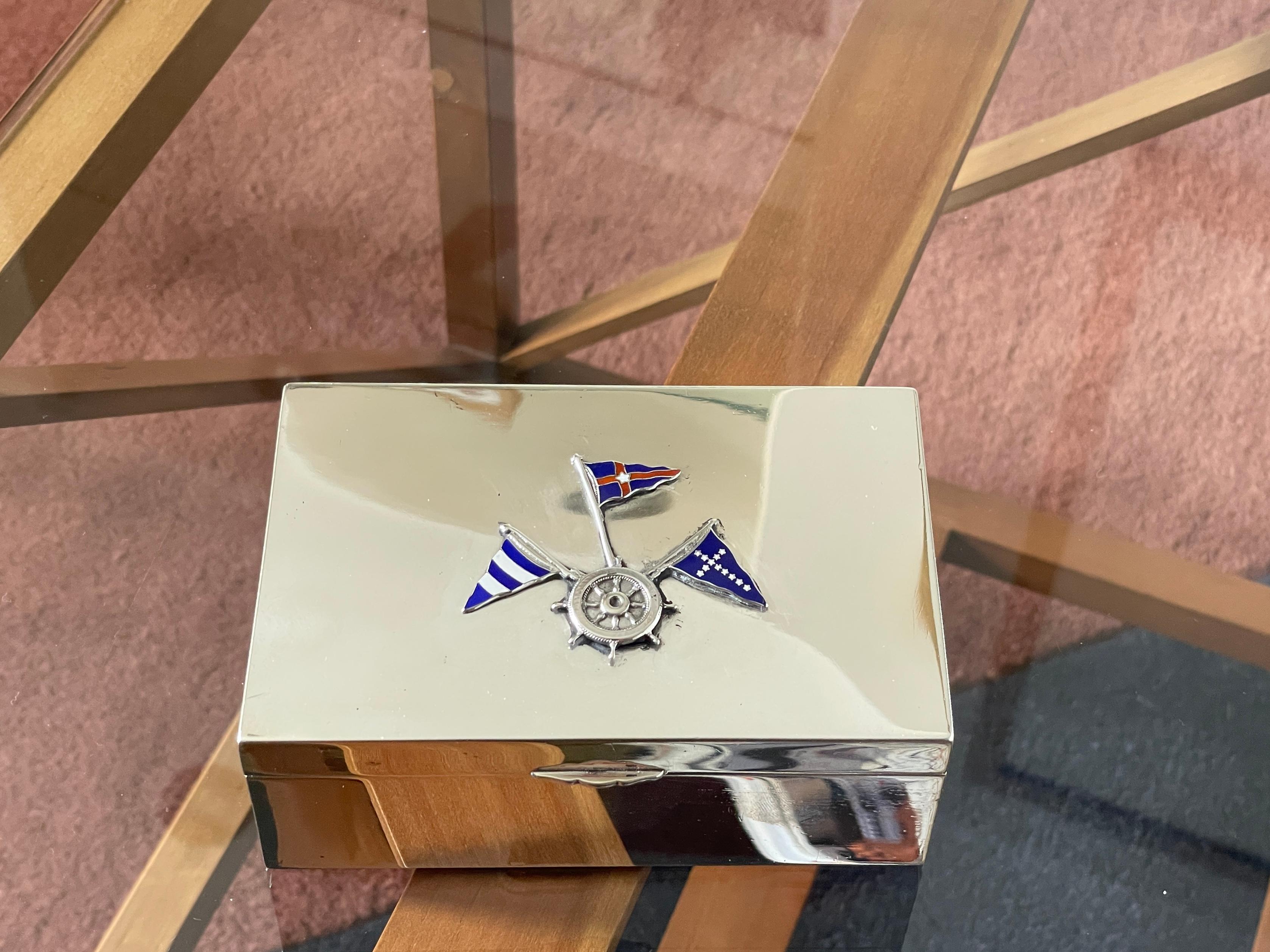 American Mid-20th Century Silver Box with Nautical Silver and Enamel Flag Decoration