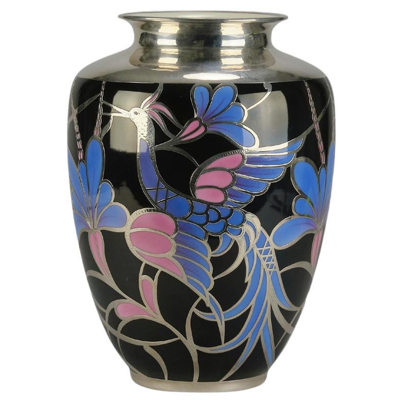 Vase "Art déco" en argent émaillé du milieu du 20e siècle par Fredrich Spahr