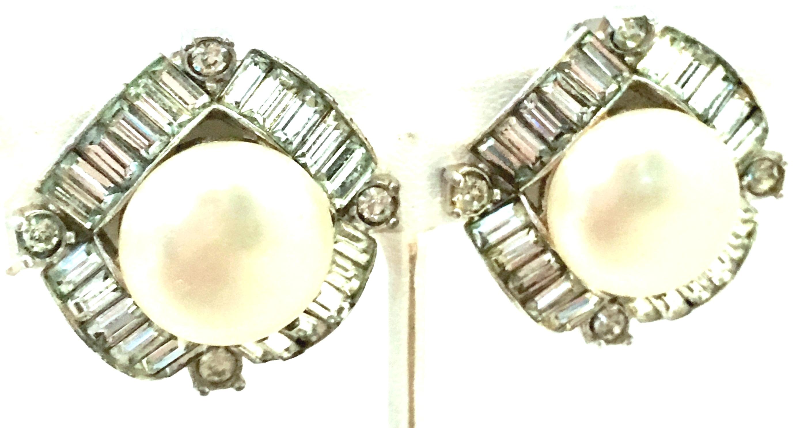 Mid-20th Century Silver, Faux Pearl & Austrian Crystal Earrings By, Marvella In Good Condition For Sale In West Palm Beach, FL