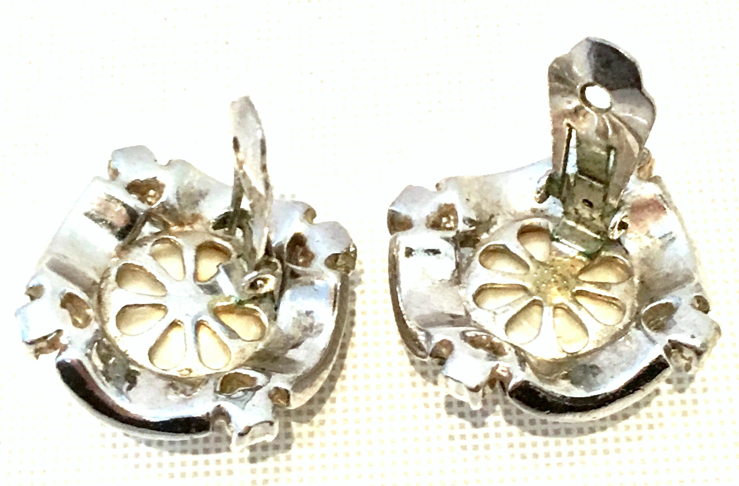 Women's or Men's Mid-20th Century Silver, Faux Pearl & Austrian Crystal Earrings By, Marvella For Sale