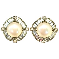 Mid-20th Century Silver, Faux Pearl & Austrian Crystal Earrings By, Marvella