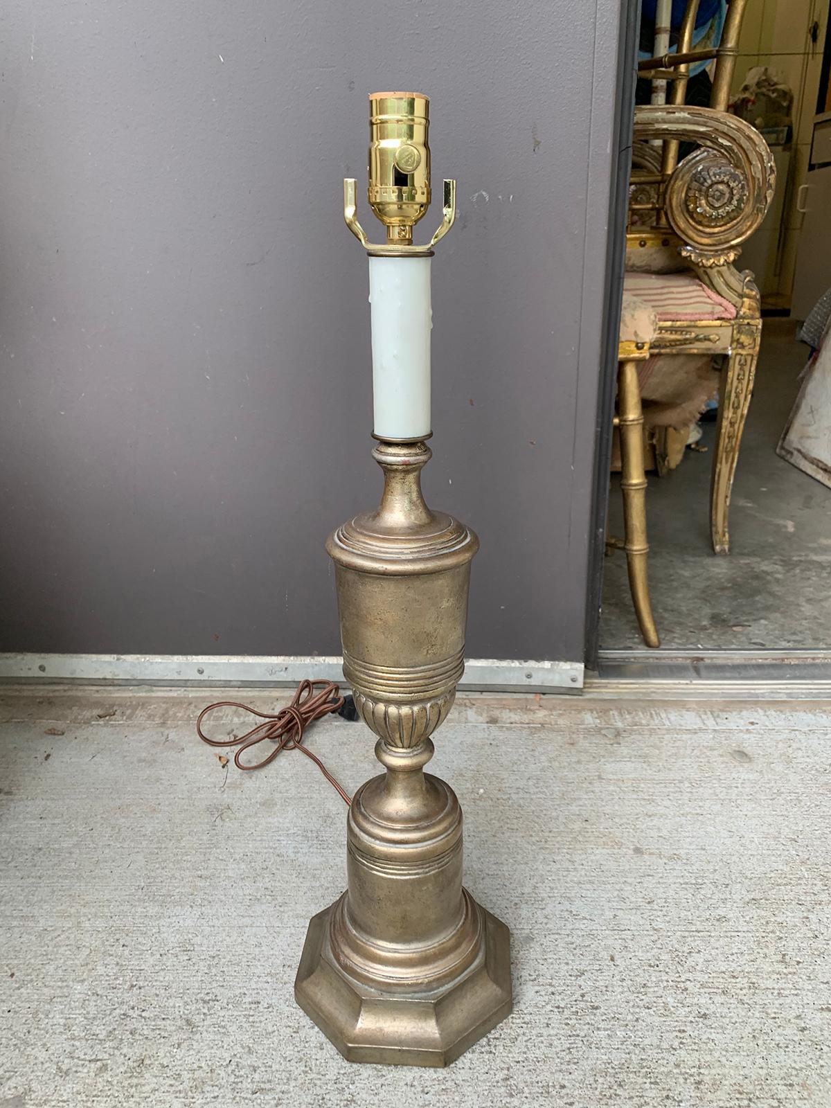 Mid-20th century silver gilt urn lamp on octagonal custom base
New wiring.