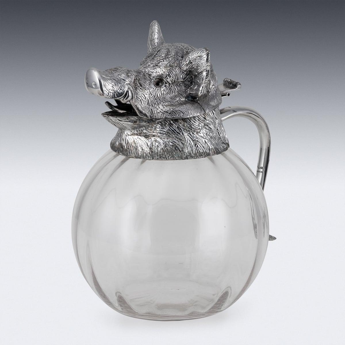 Other Mid 20th Century Silver Plate Boar Head & Glass Jug With Cups By Valenti c.1970