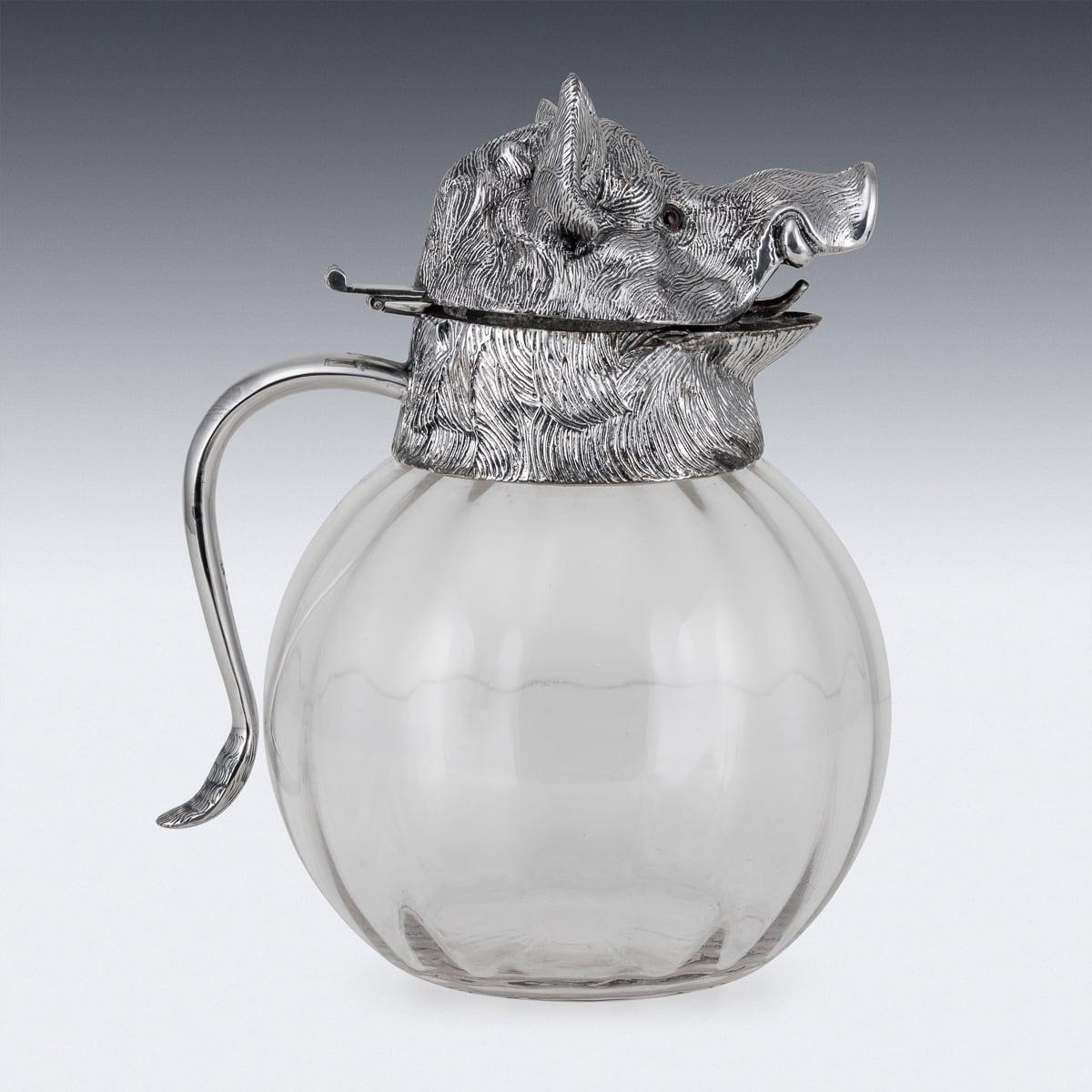 Mid 20th Century Silver Plate Boar Head & Glass Jug With Cups By Valenti c.1970 In Good Condition In Royal Tunbridge Wells, Kent