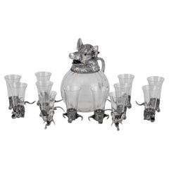 Mid 20th Century Silver Plate Boar Head & Glass Jug With Cups By Valenti c.1970