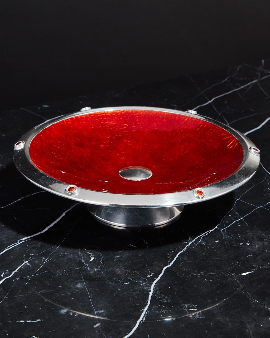 Presenting a captivating mid 20th-century Spanish Silver and Enamel Bowl, dating back to circa 1960.

The stunning red enamel, complemented by translucent enamel cabochons, enhances the beauty of this piece. 
The inner section of enamel is on copper