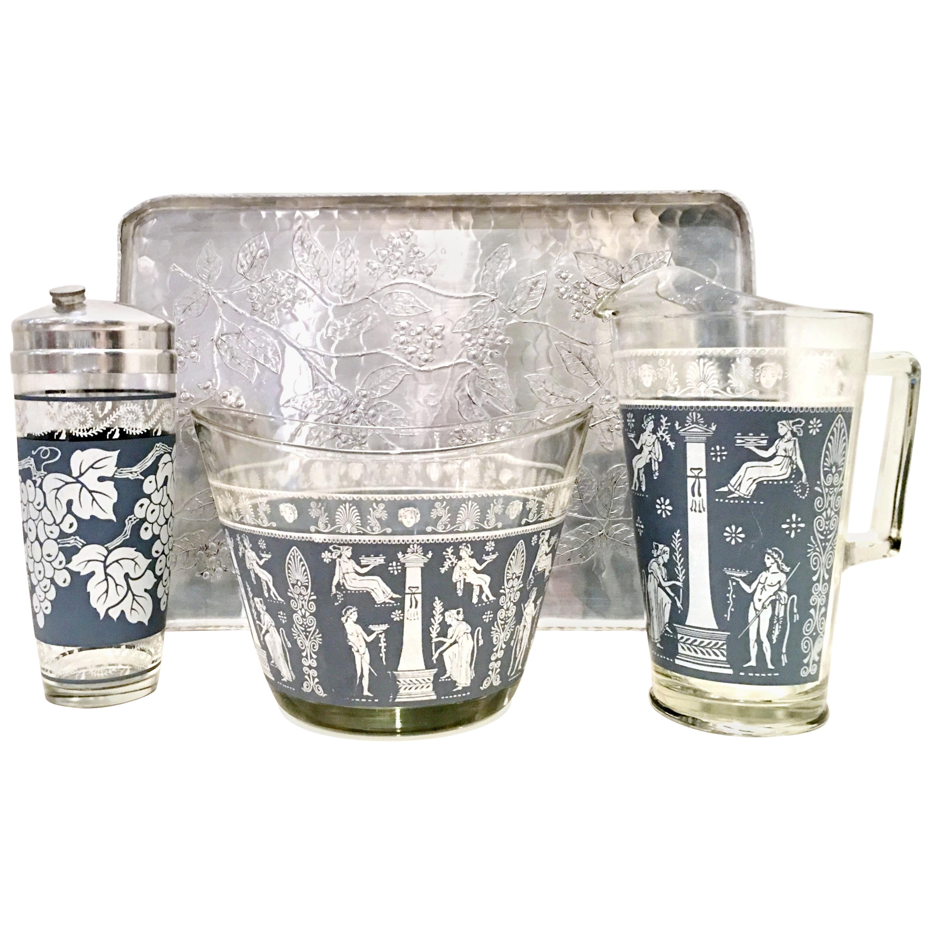 Mid-20th Century American Silver Tray & Hellenic Blue Print Glass Drinks S/4 For Sale