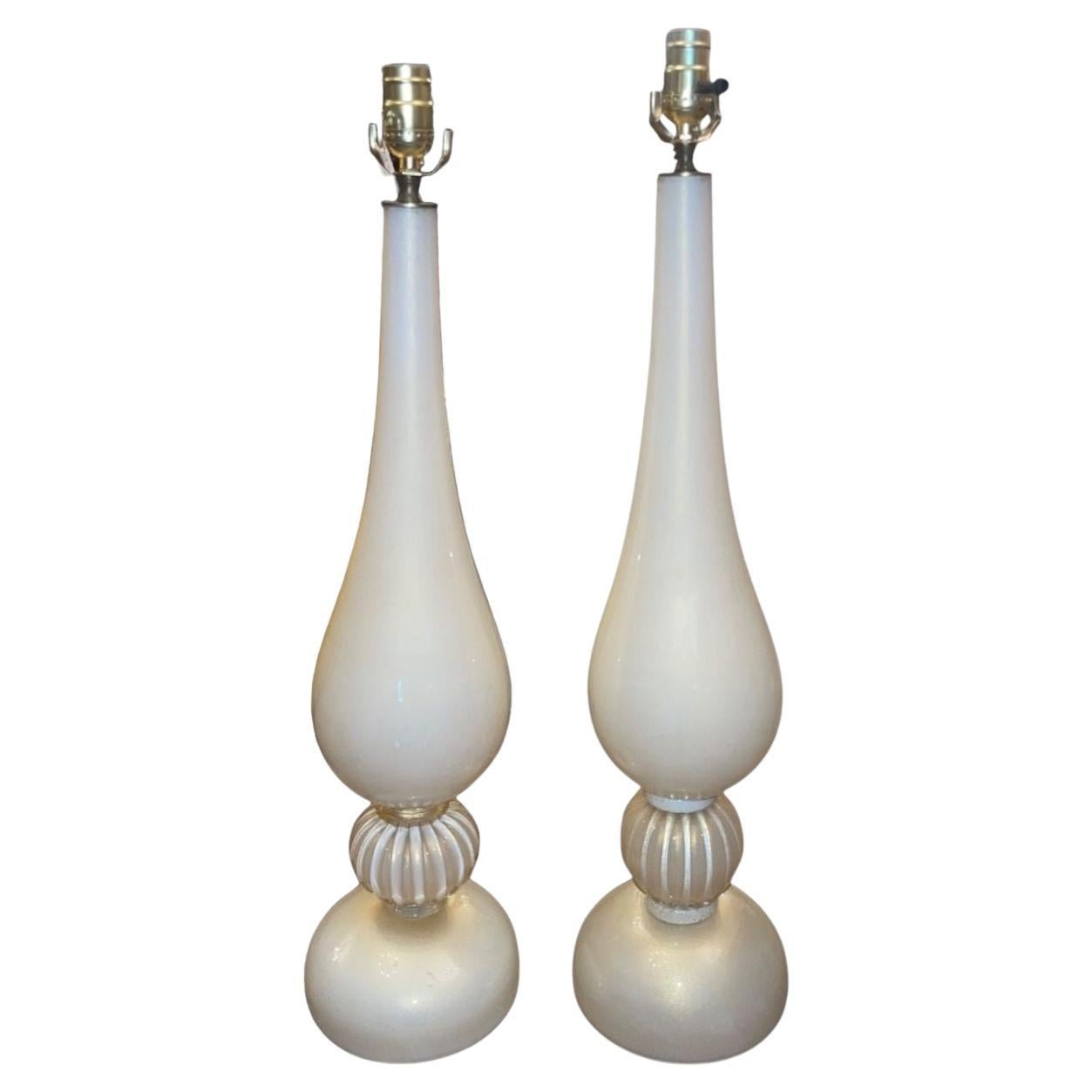 Mid 20th Century Similar Pair Murano Glass Table Lamps in Cream w/ Gold Flecking