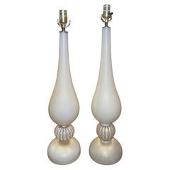Mid 20th Century Similar Pair Murano Glass Table Lamps in Cream w/ Gold Flecking
