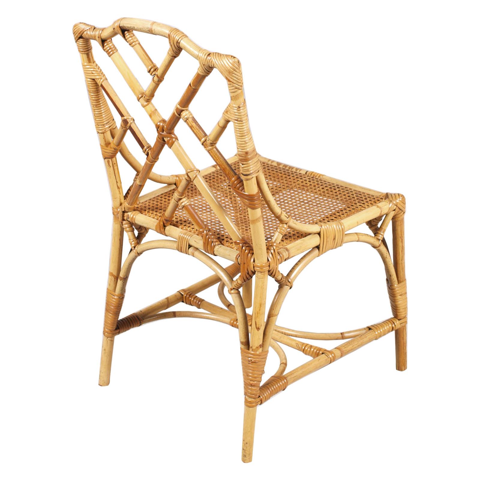 Italian Mid-20th Century Six Rattan Bamboo Chinese Chippendale Style Chairs