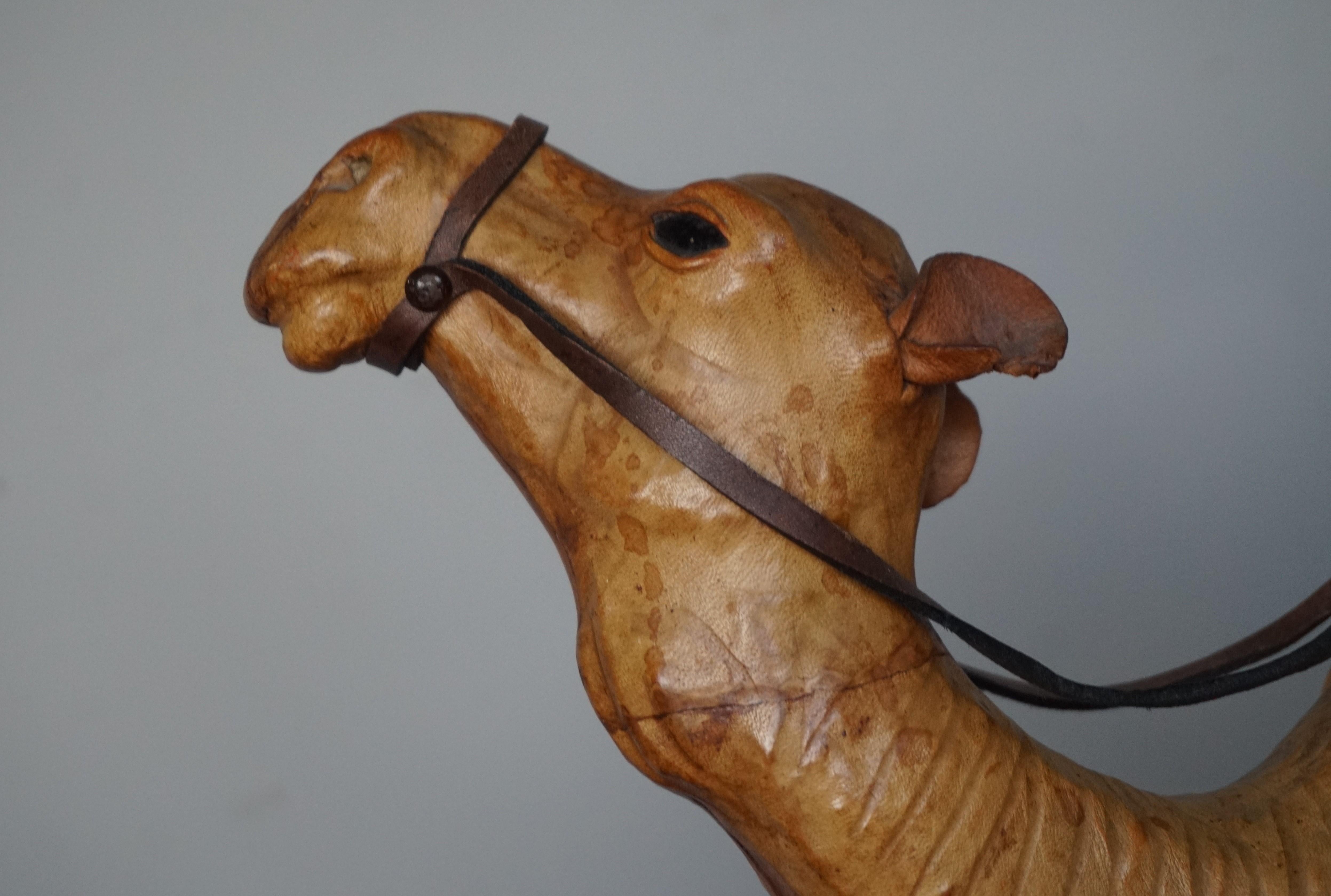 Sizable Camel Sculpture Leather on Hand Carved Wood with Harness 3