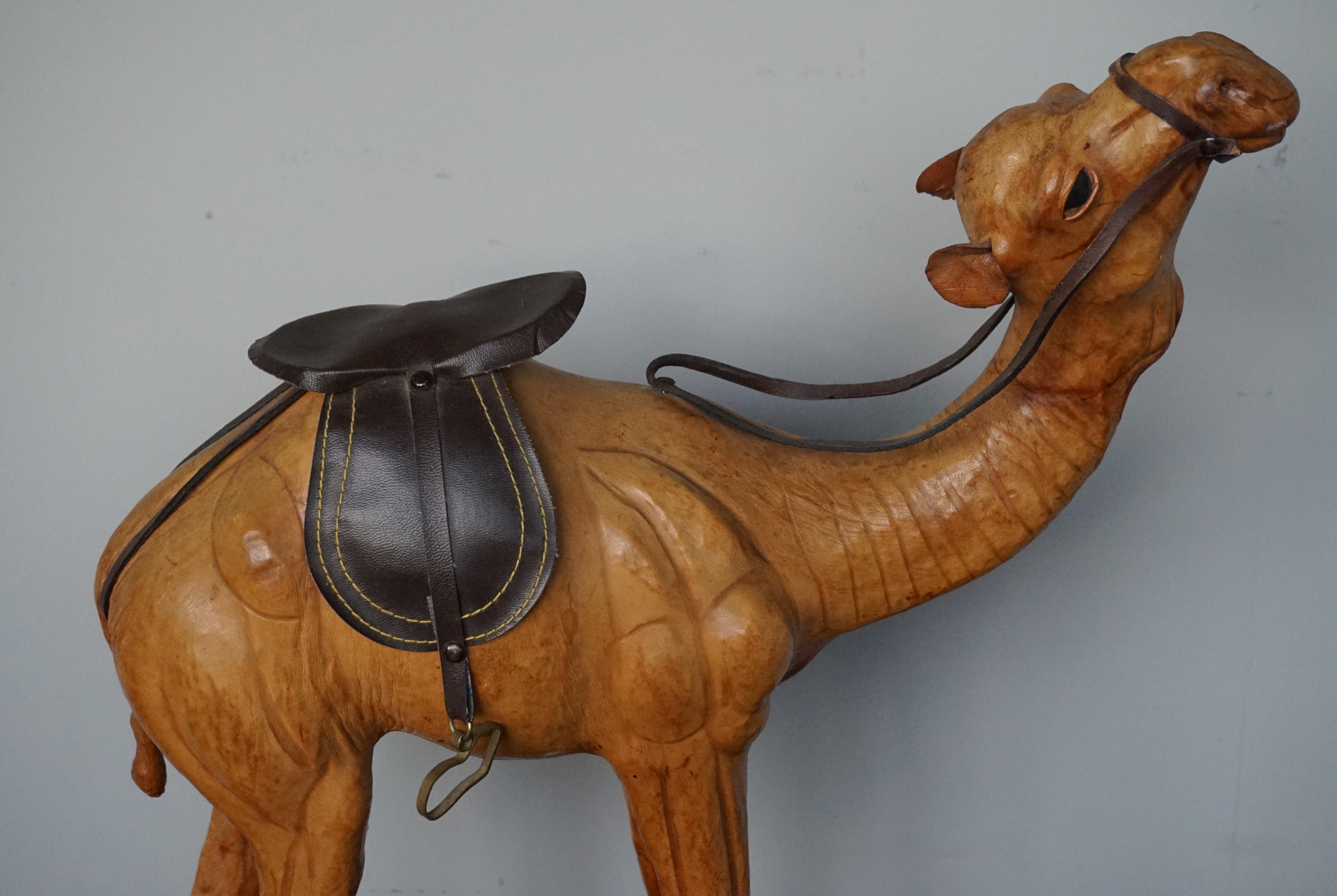 Sizable Camel Sculpture Leather on Hand Carved Wood with Harness 5