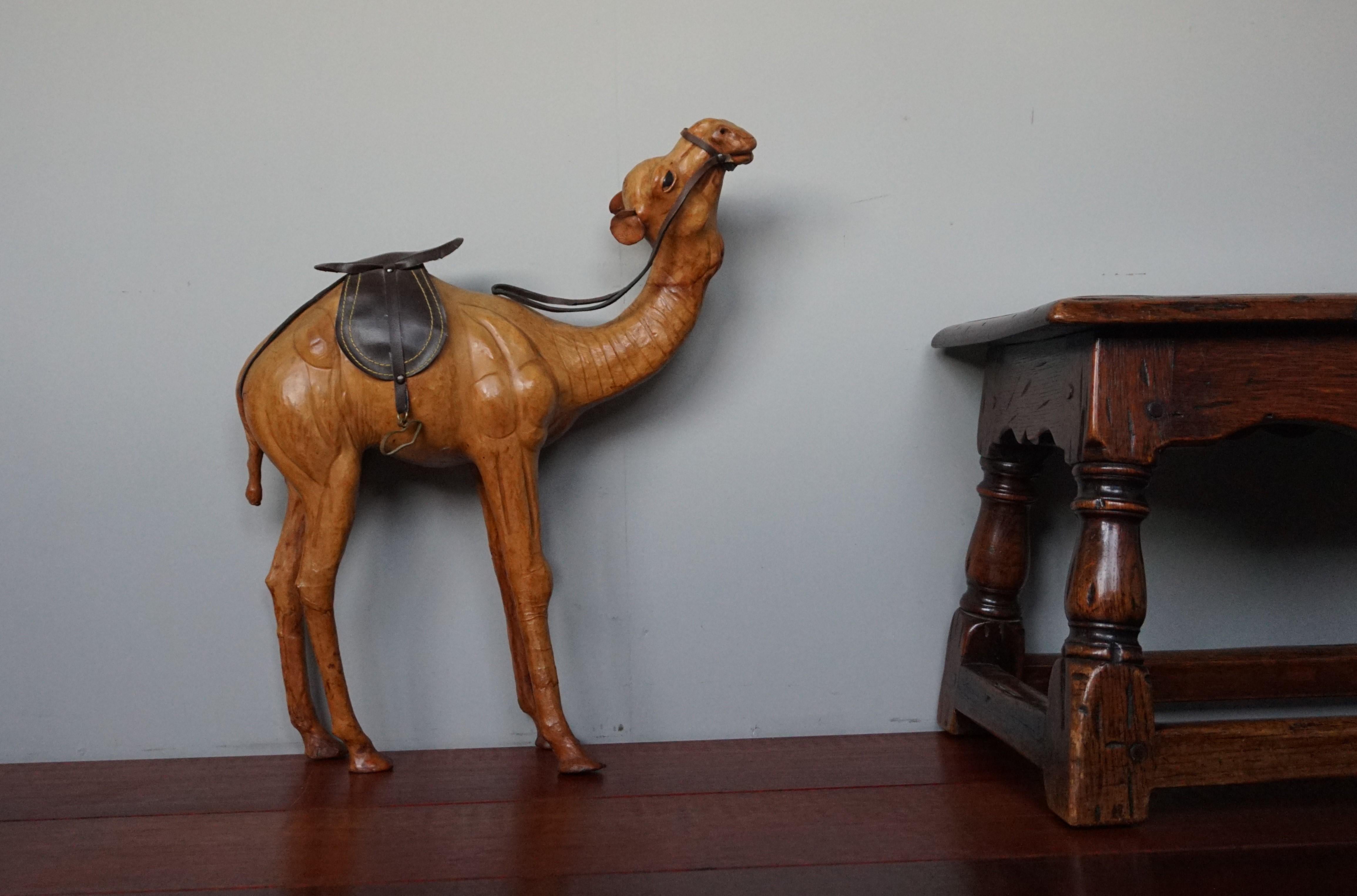 Sizable Camel Sculpture Leather on Hand Carved Wood with Harness 6