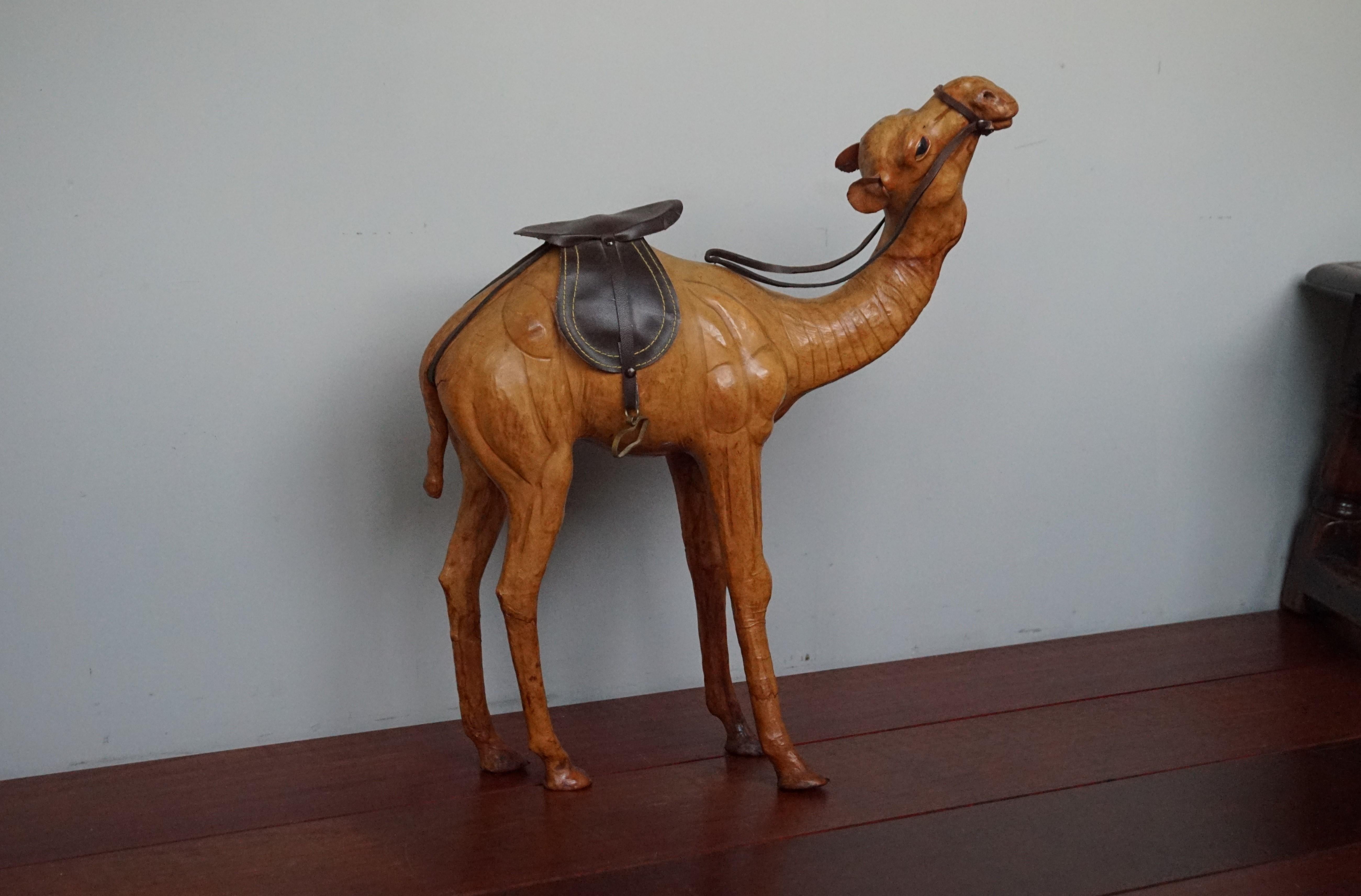 Sizable Camel Sculpture Leather on Hand Carved Wood with Harness 7