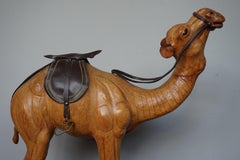 Sizable Camel Sculpture Leather on Hand Carved Wood with Harness