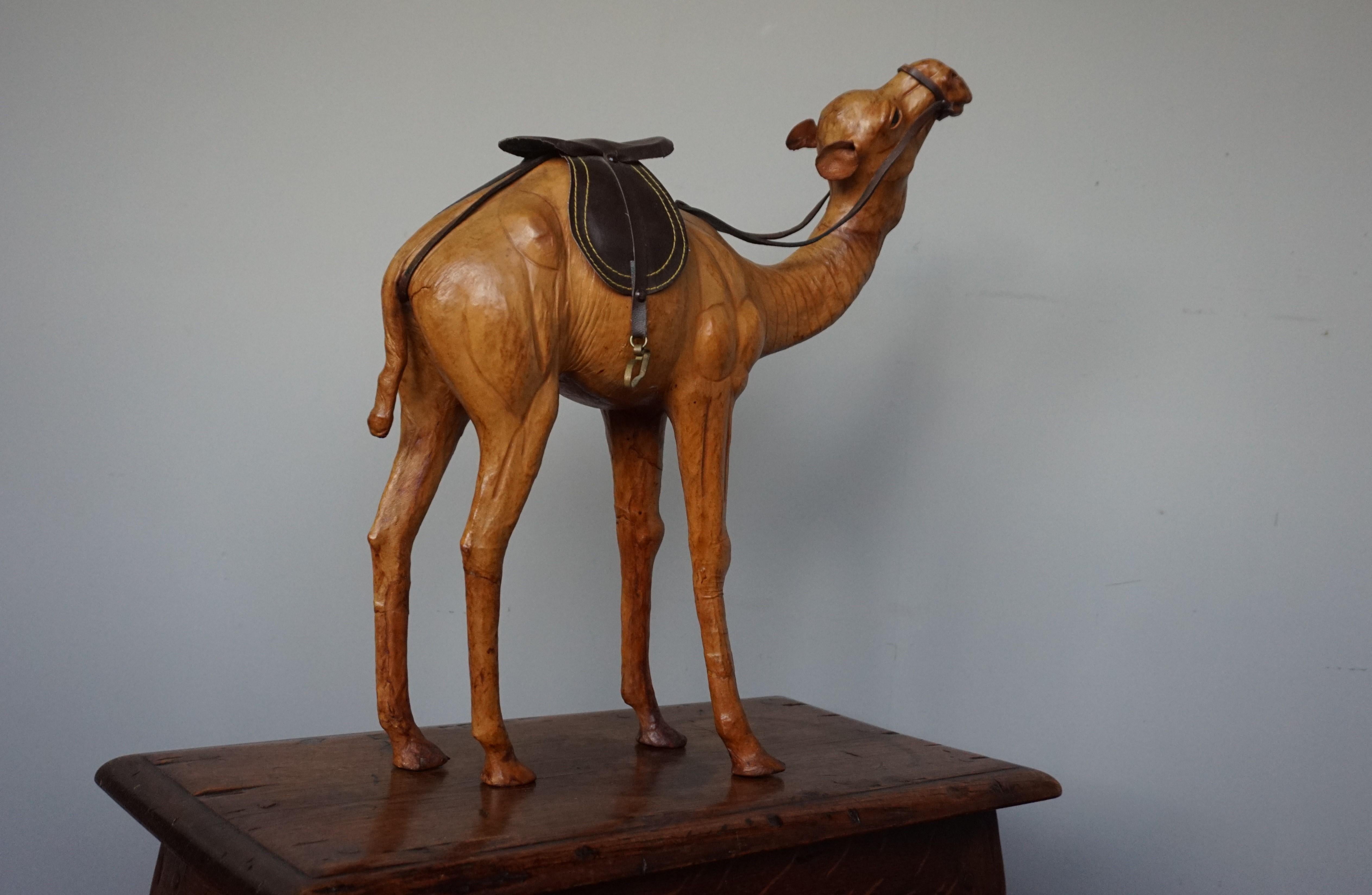 Hand-Carved Sizable Camel Sculpture Leather on Hand Carved Wood with Harness