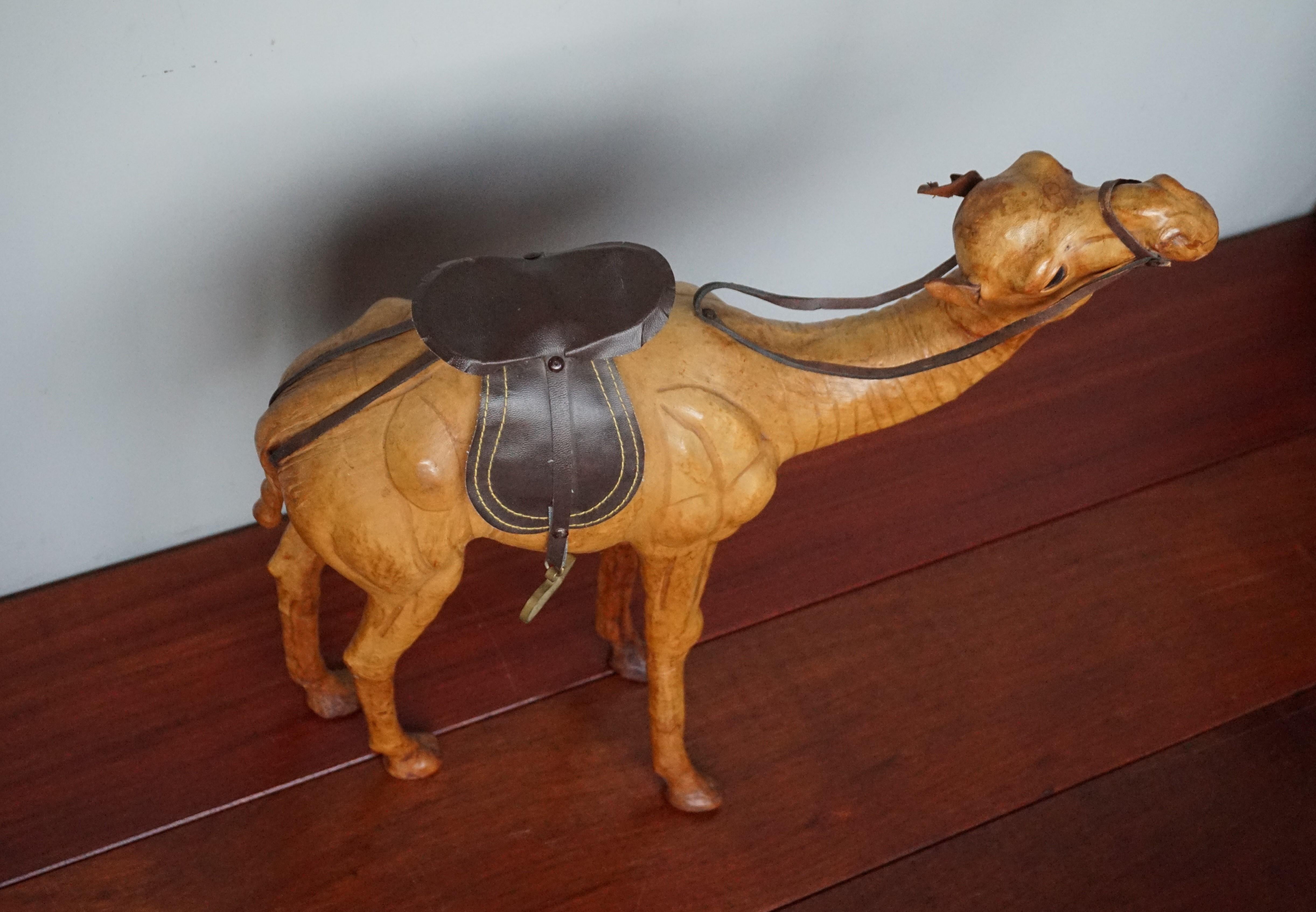 Sizable Camel Sculpture Leather on Hand Carved Wood with Harness In Good Condition In Lisse, NL