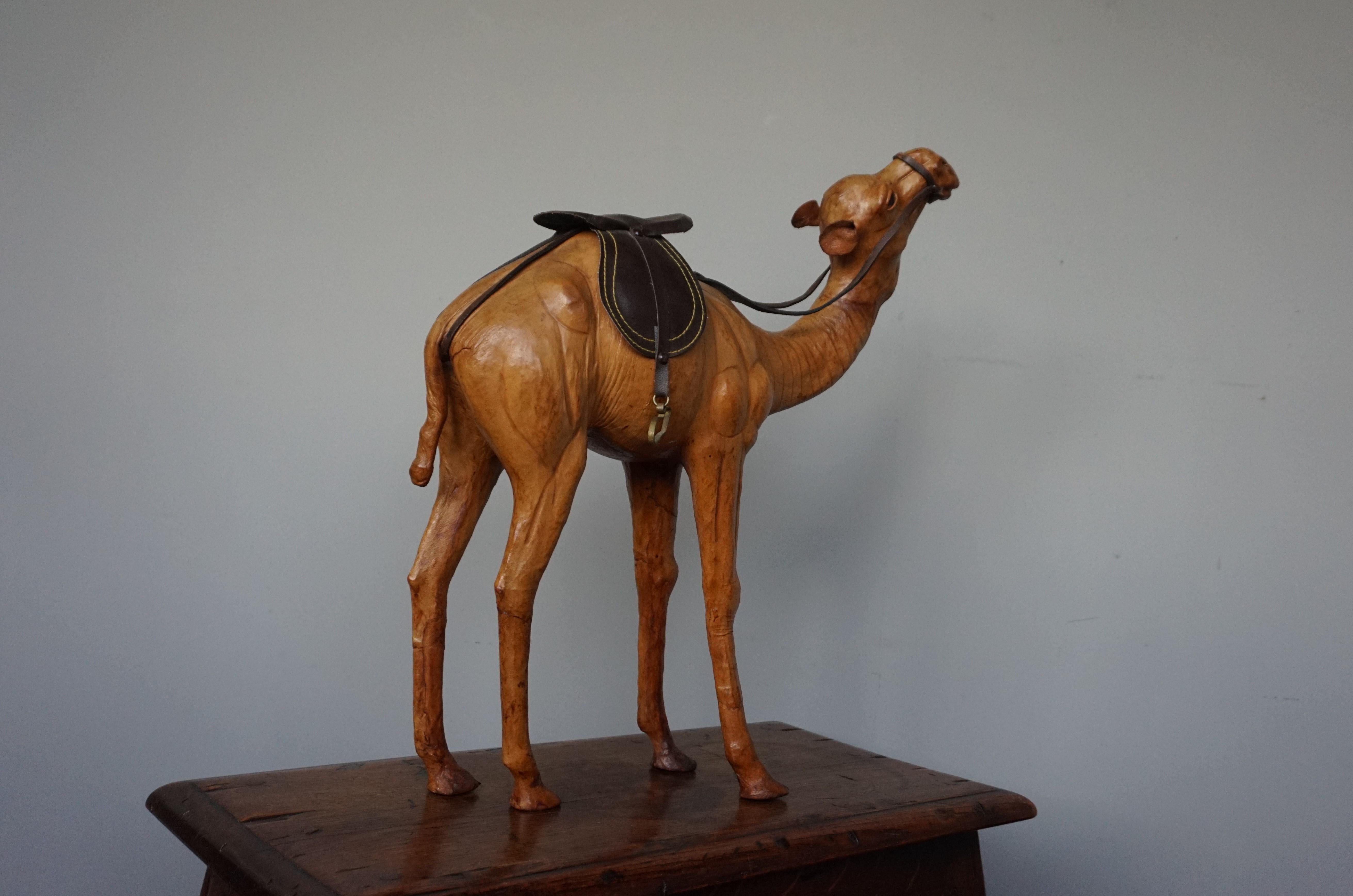 20th Century Sizable Camel Sculpture Leather on Hand Carved Wood with Harness