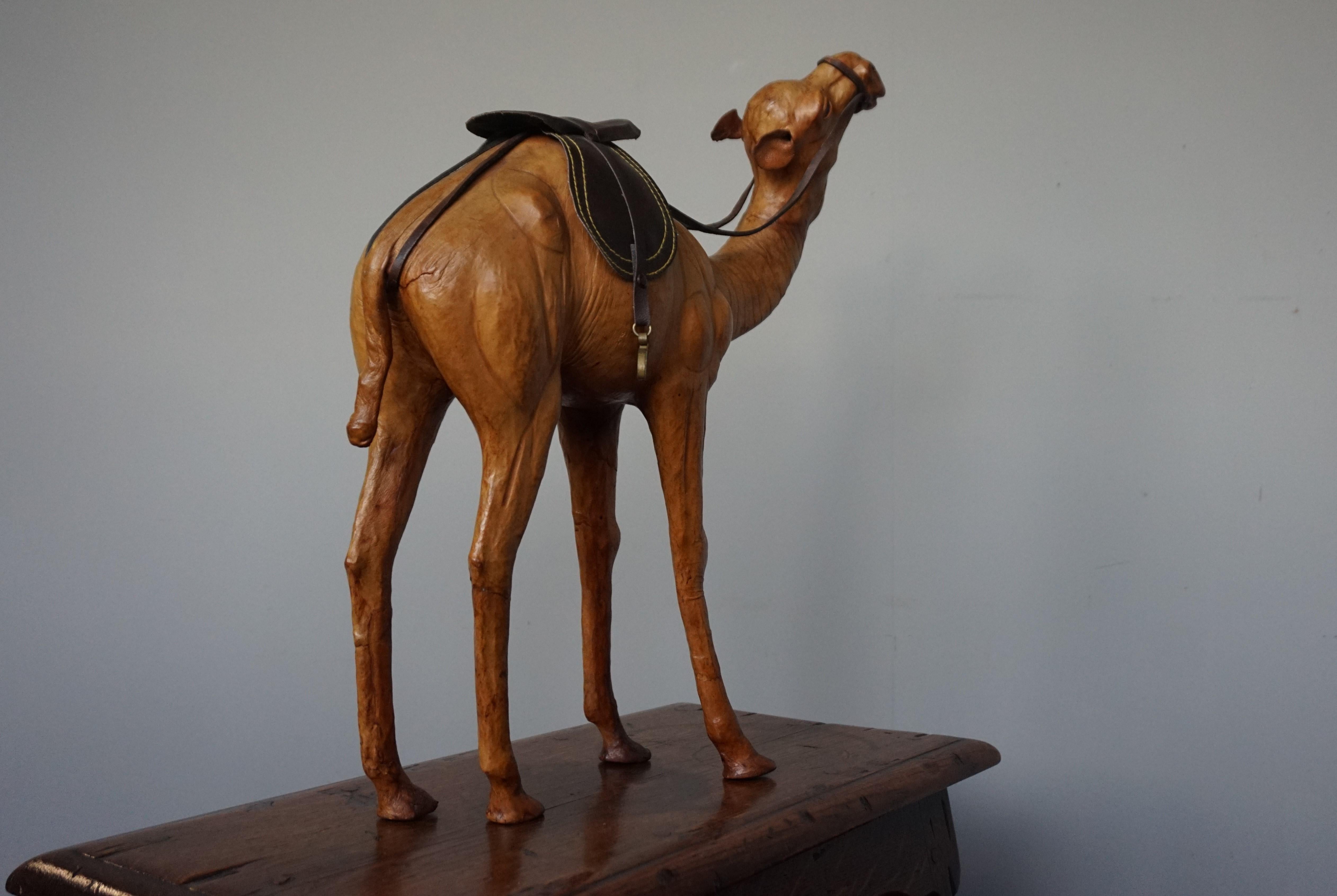 Faux Leather Sizable Camel Sculpture Leather on Hand Carved Wood with Harness