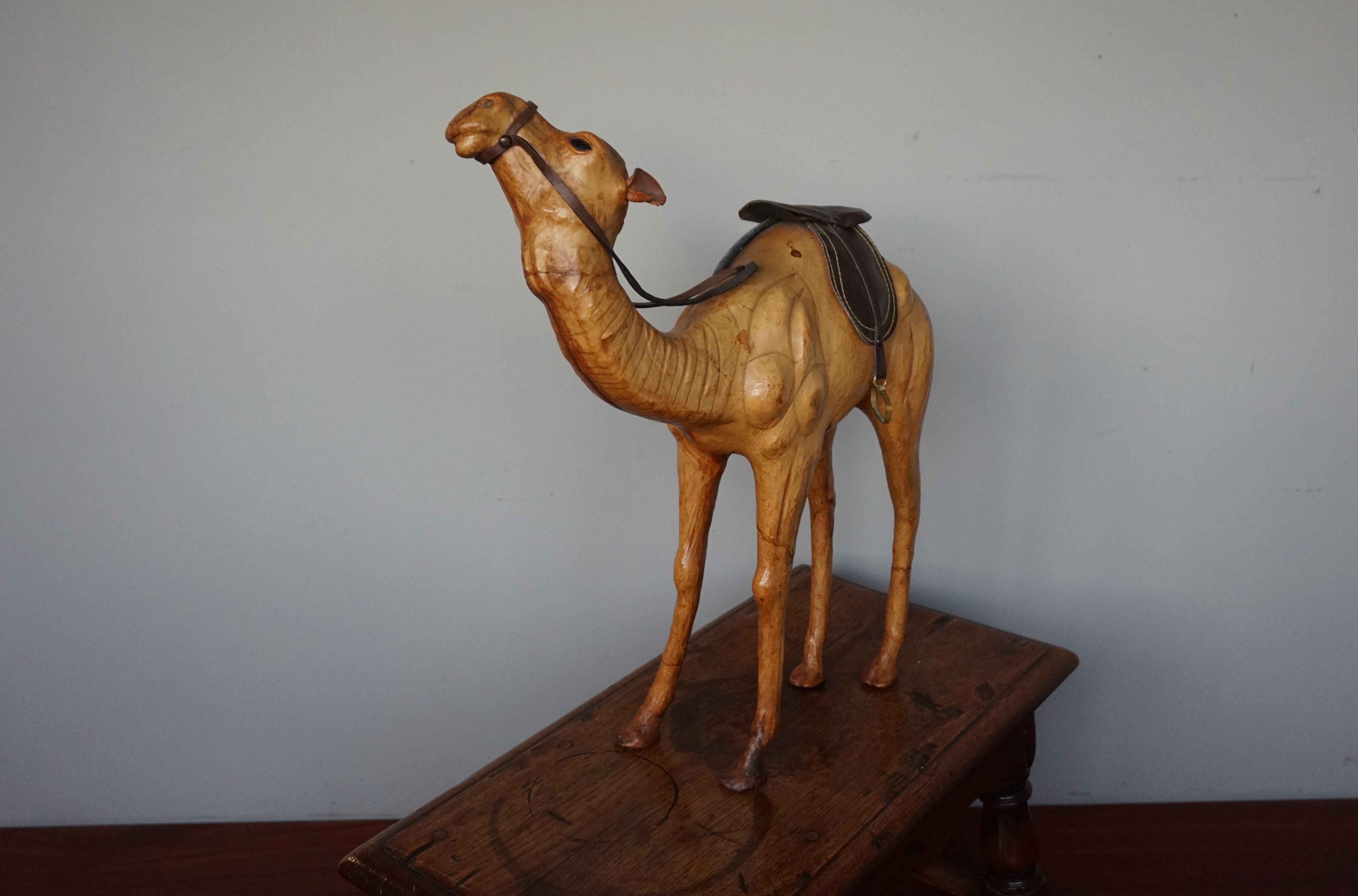 Sizable Camel Sculpture Leather on Hand Carved Wood with Harness 2