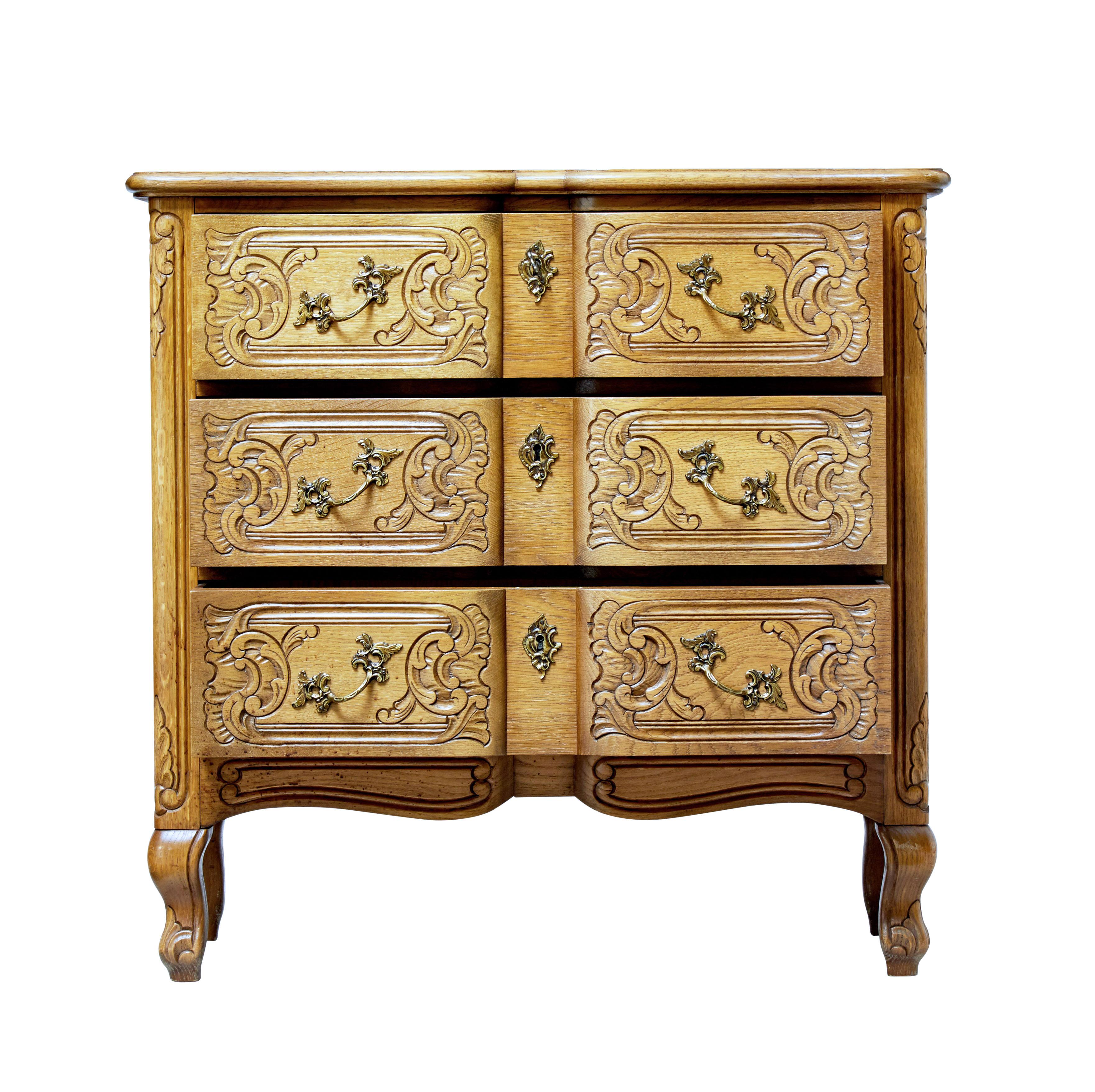 Baroque Mid-20th Century Small Carved Oak Commode Chest of Drawers
