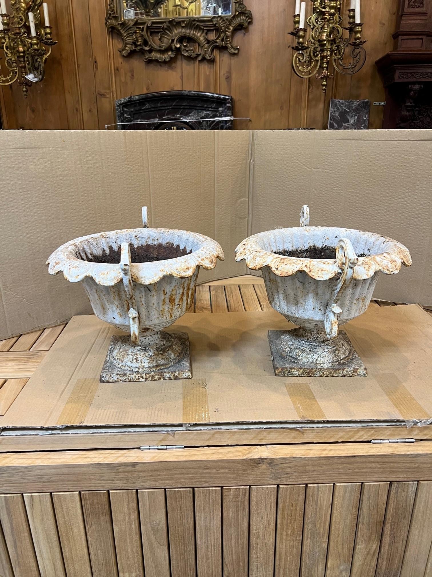 Mid-20th Century Small Pair of Cast Iron Fluted Urns with Decorative Handles For Sale 7