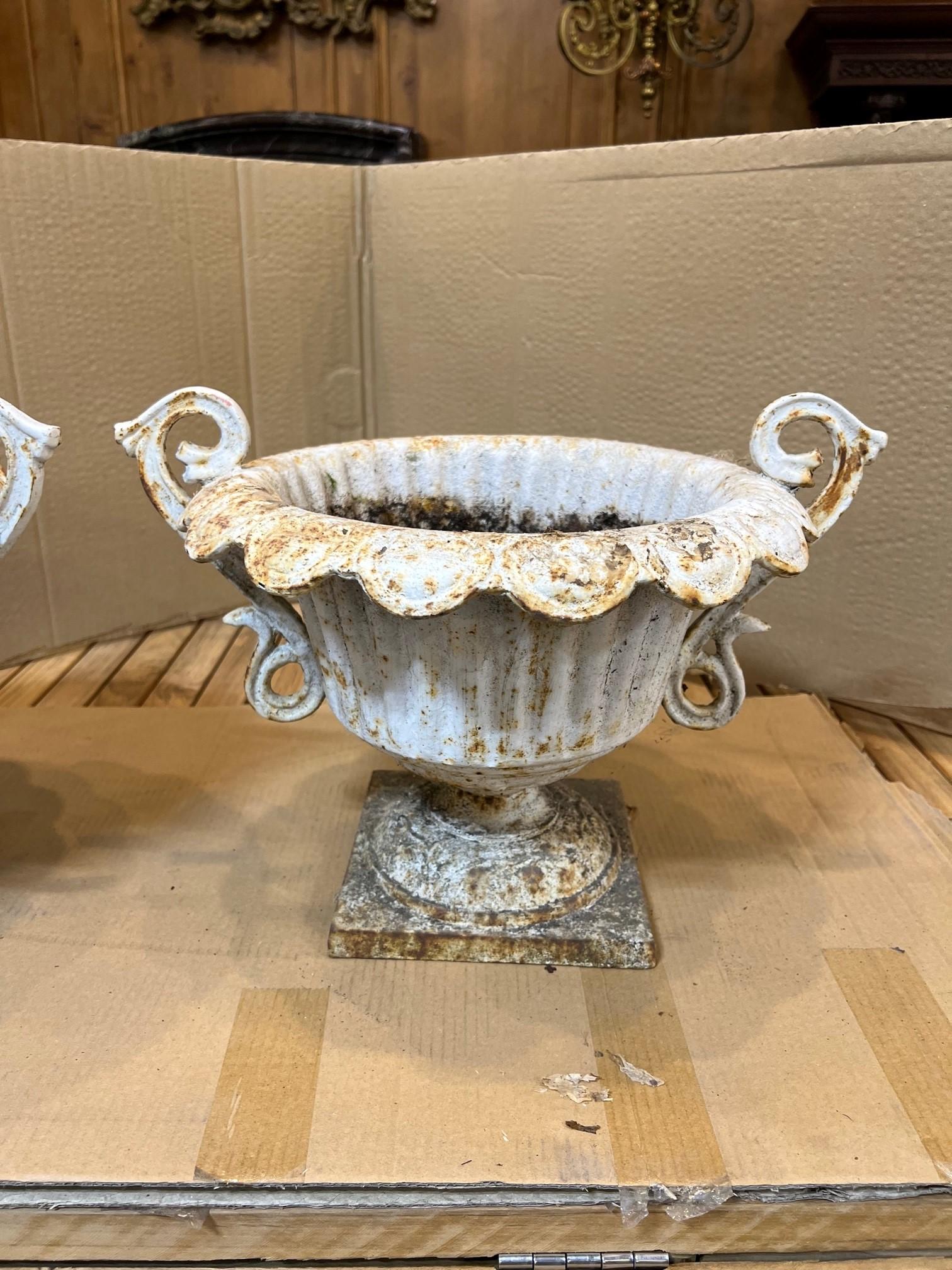 Mid-20th Century Small Pair of Cast Iron Fluted Urns with Decorative Handles For Sale 10