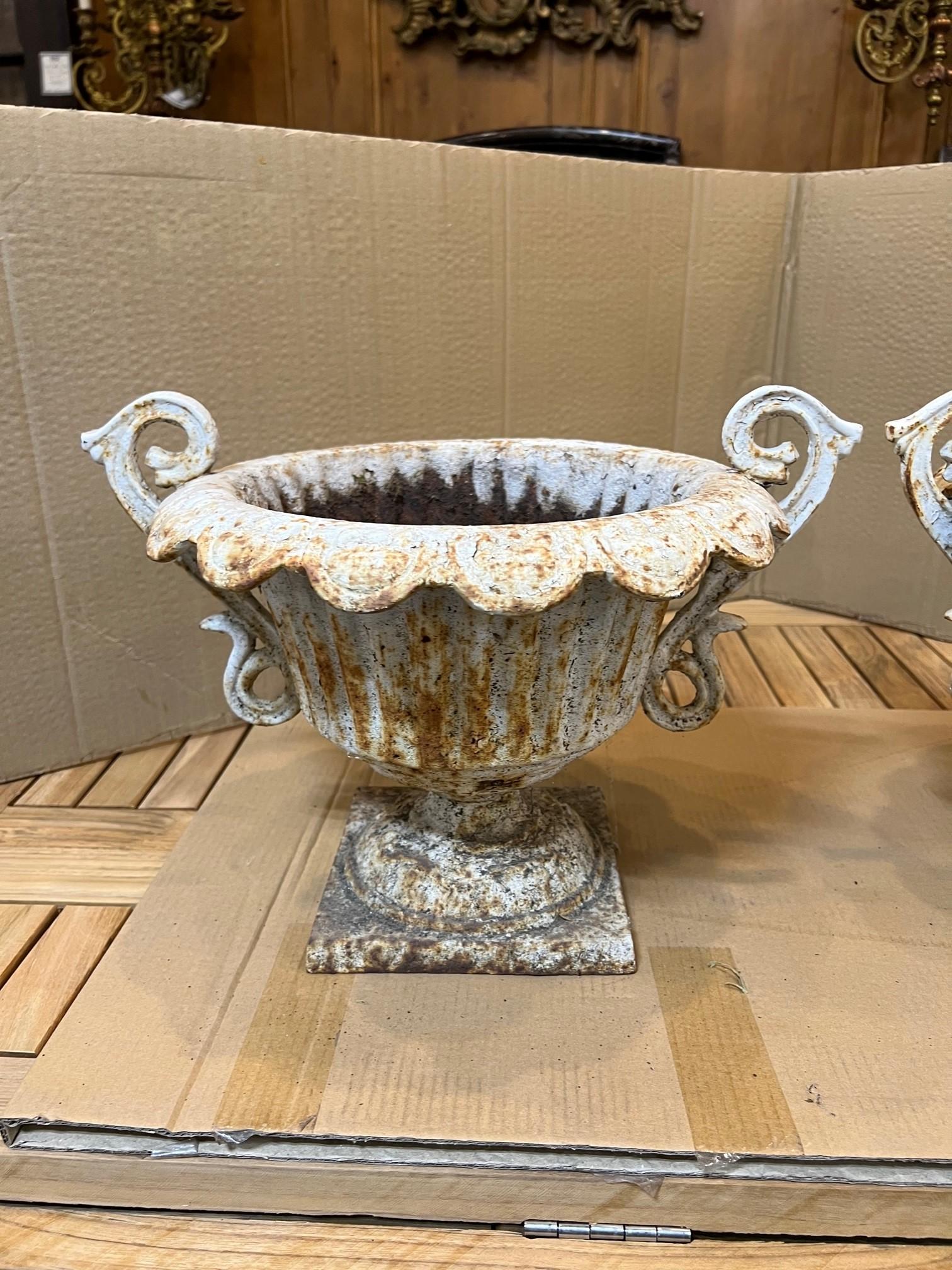 Mid-20th Century Small Pair of Cast Iron Fluted Urns with Decorative Handles For Sale 11