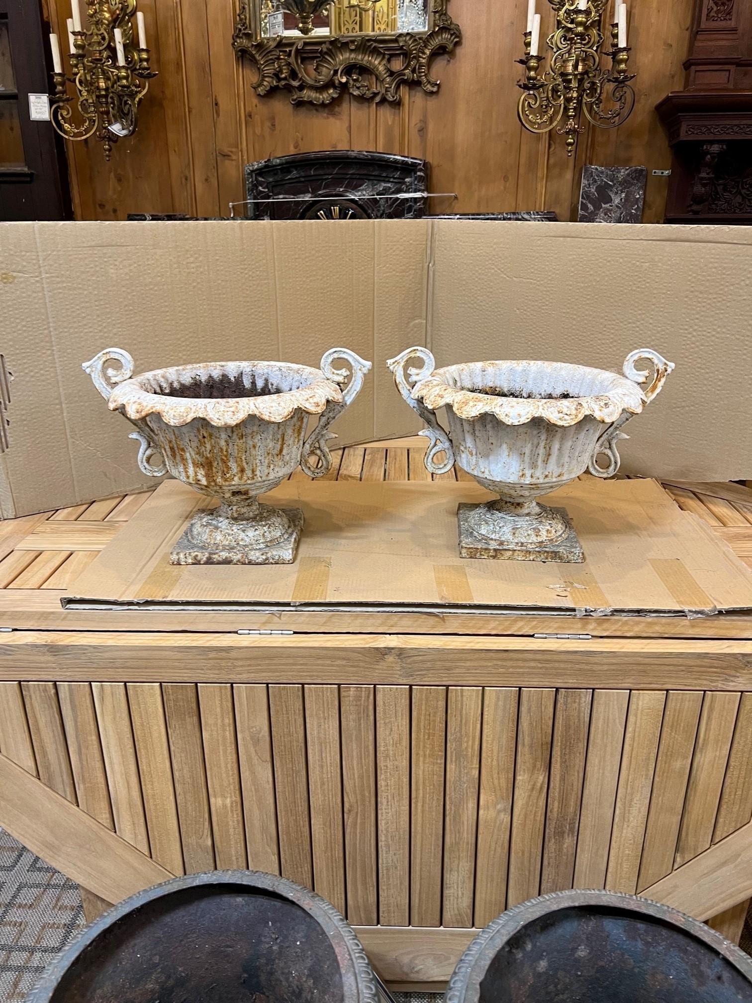 Mid-20th Century Small Pair of Cast Iron Fluted Urns with Decorative Handles For Sale 12