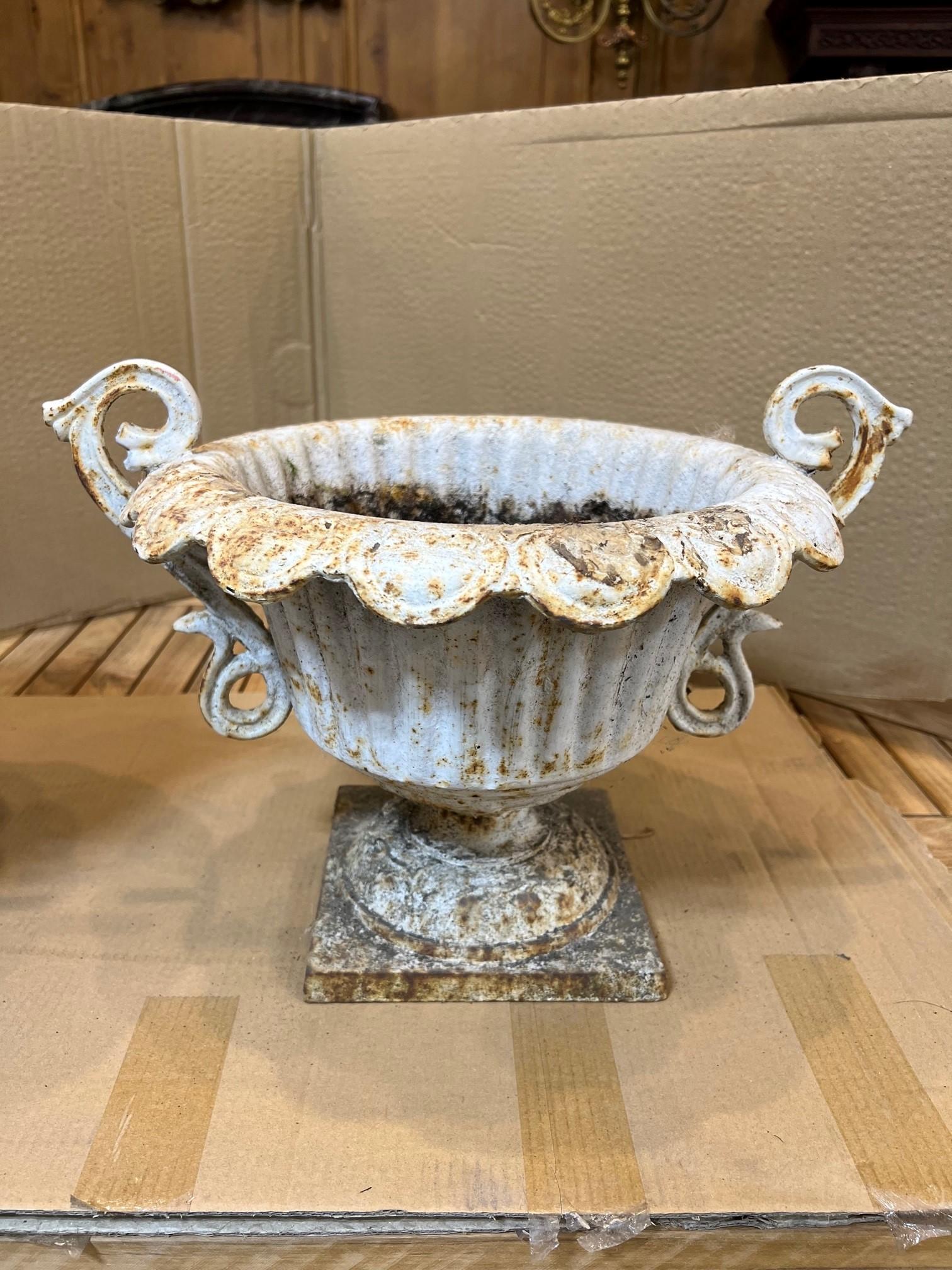 Mid-20th Century Small Pair of Cast Iron Fluted Urns with Decorative Handles For Sale 1