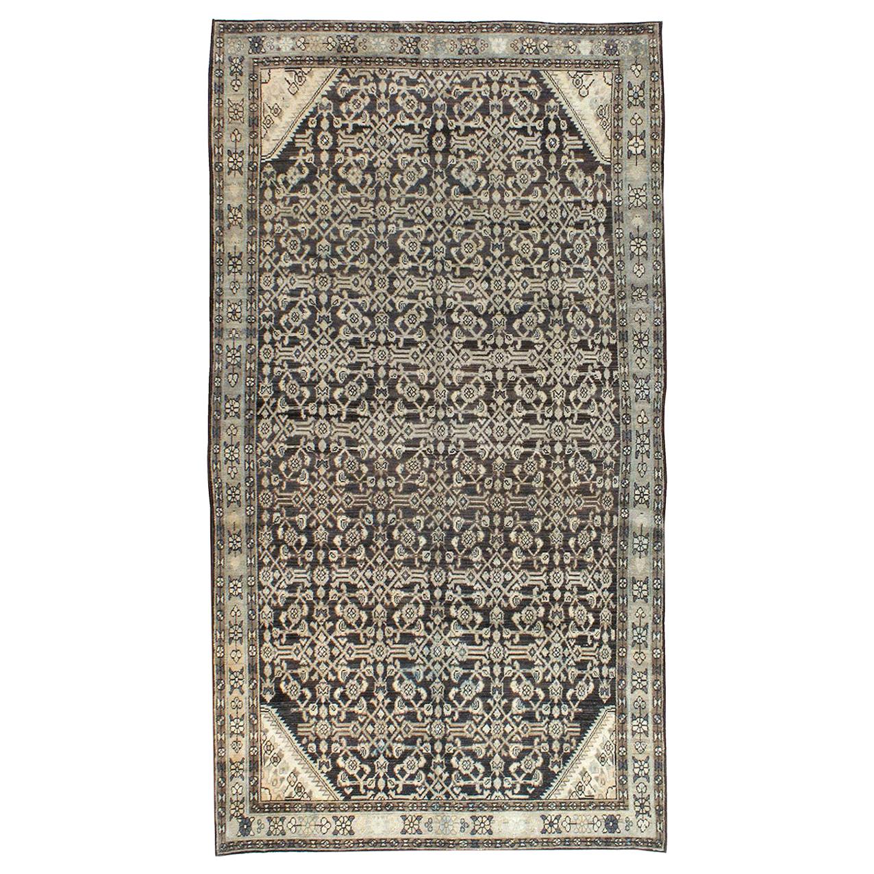 Mid-20th Century Small Room Size Persian Malayer Accent Rug in Charcoal Brown