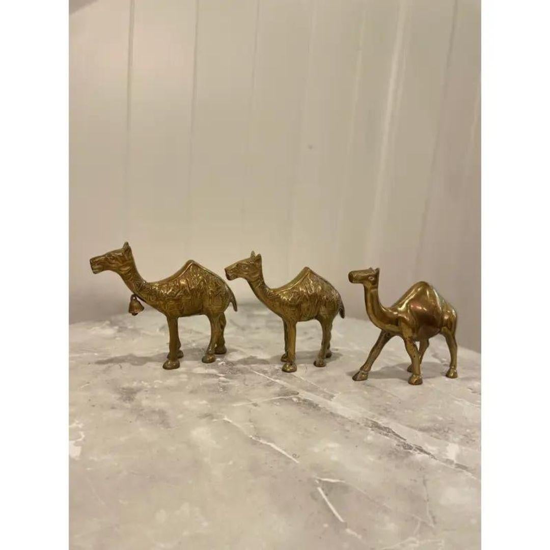 Set di 3 cammelli in ottone sbalzato con grande patina. Questi cammelli in ottone inciso, risalenti agli anni '60, sono splendidi complementi d'arredo per l'ufficio, il caminetto o la consolle dell'ingresso. Figure in ottone massiccio.