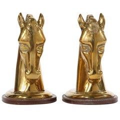Mid-20th Century Solid Brass / Leather Base Book Ends