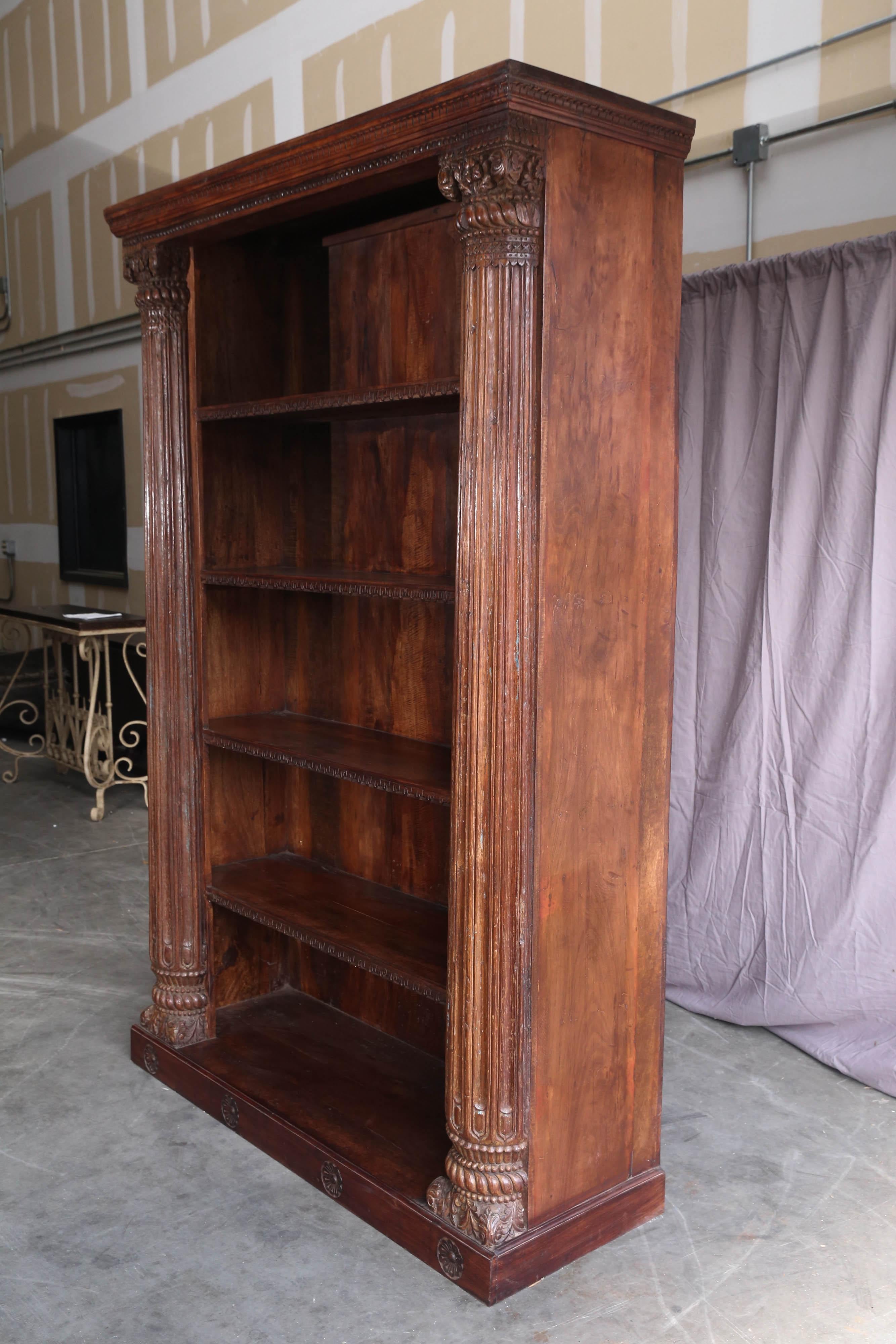 Hand-Crafted Mid-20th Century Solid Teak Wood Bookcase with Solid Ornate Carved Columns