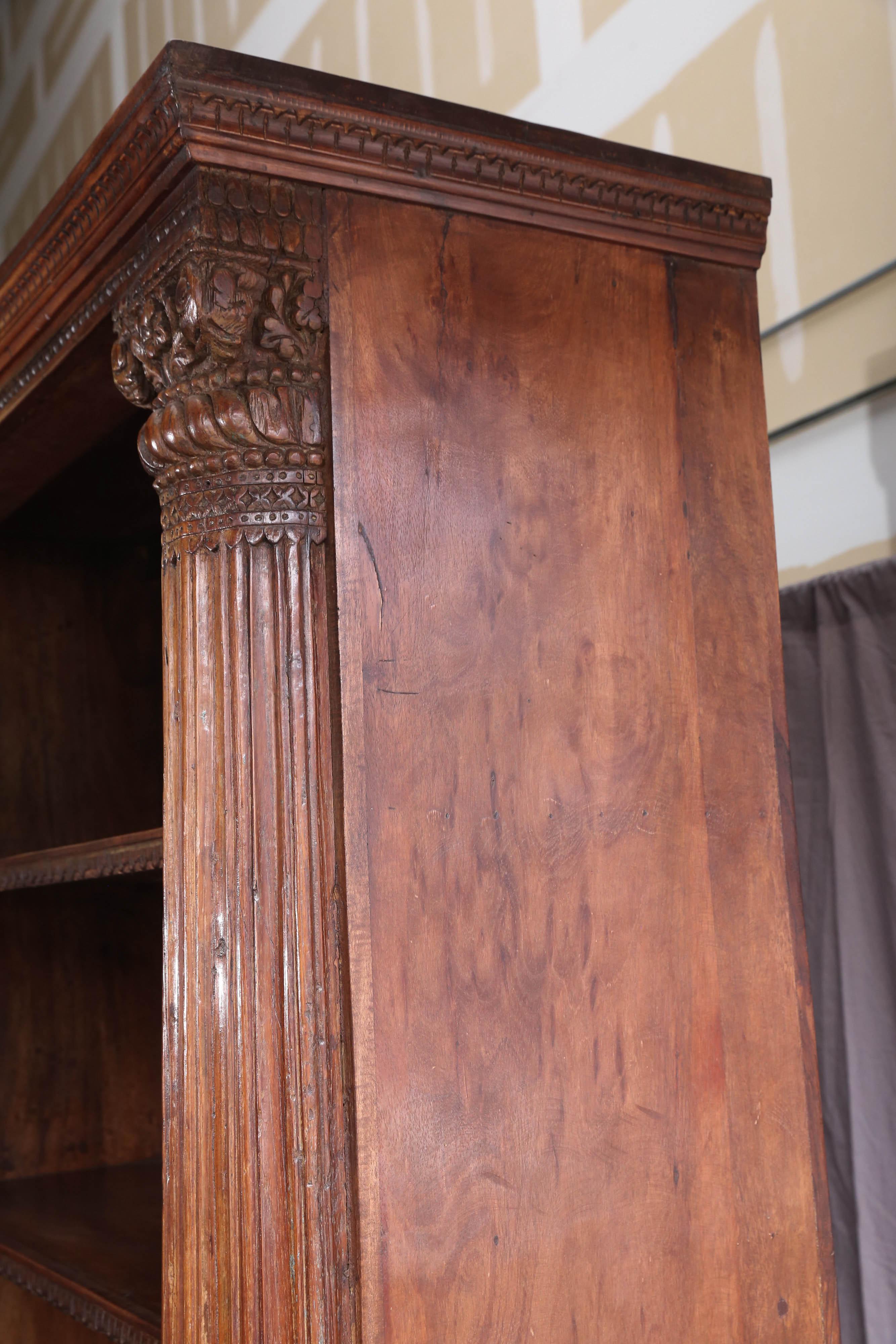 Mid-20th Century Solid Teak Wood Bookcase with Solid Ornate Carved Columns In Excellent Condition In Houston, TX