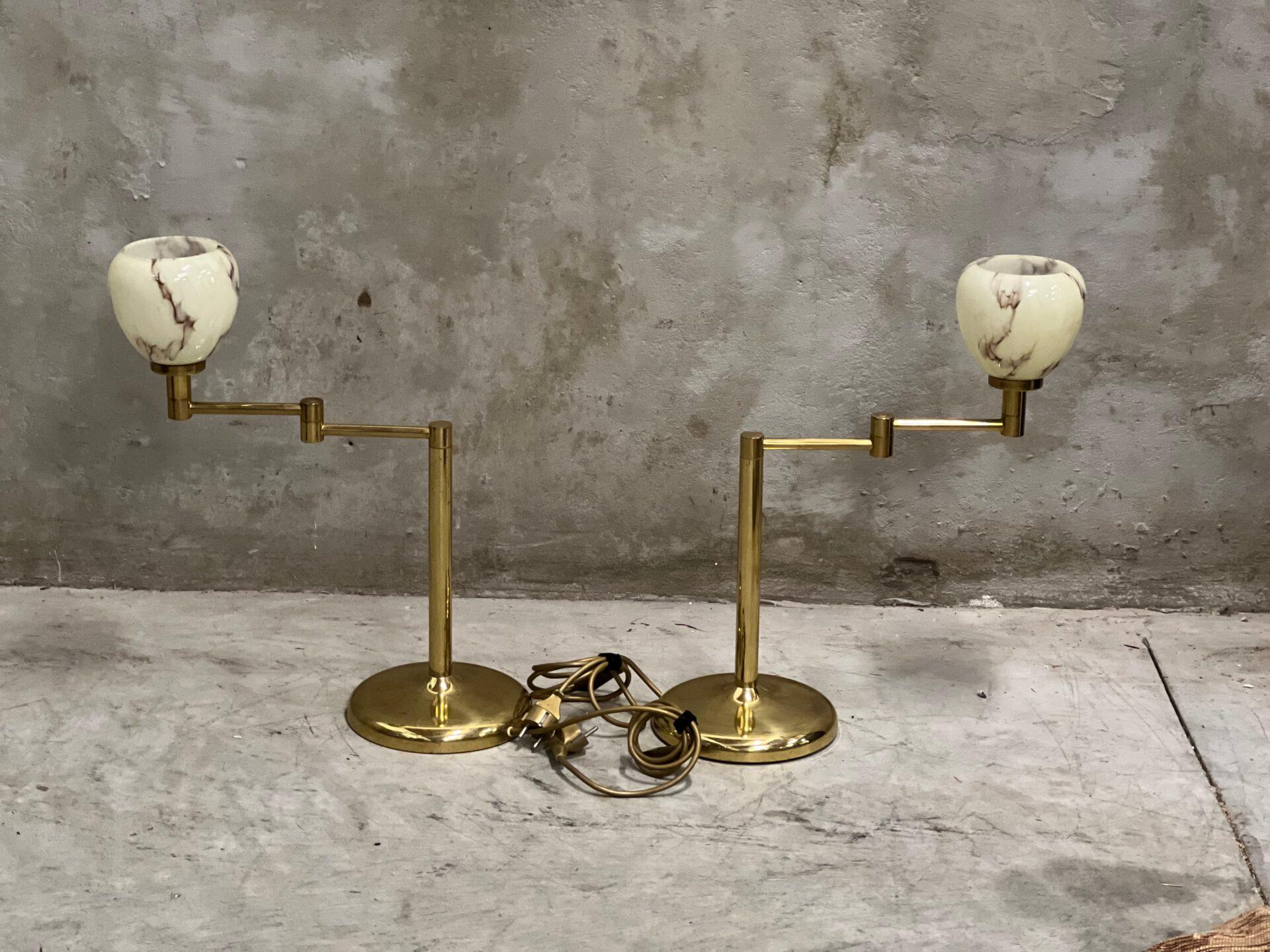 Sölken Leuchten 1970s design table lamp / desk lamp. Brass, heavy quality, marked on the foot. We have 2 identical ones. 

Price is per lamp.

 Can be fitted with any lampshade, it includes the glass Art-Deco shade. Gives a particularly beautiful