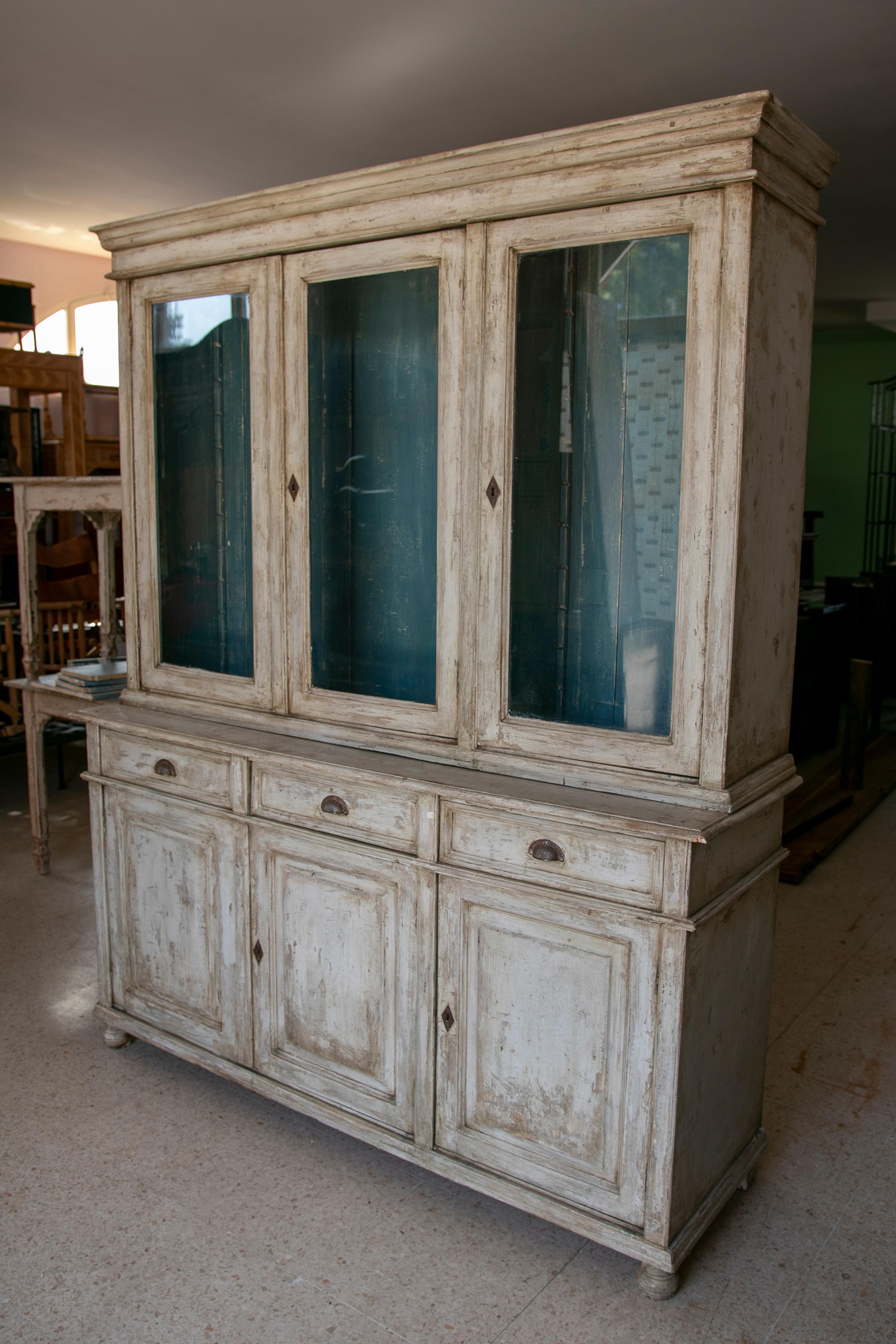 Hand-Painted Mid 20th Century Spanish 3-Glass Panel Door Painted Bookcase w/ Drawer & Doors
